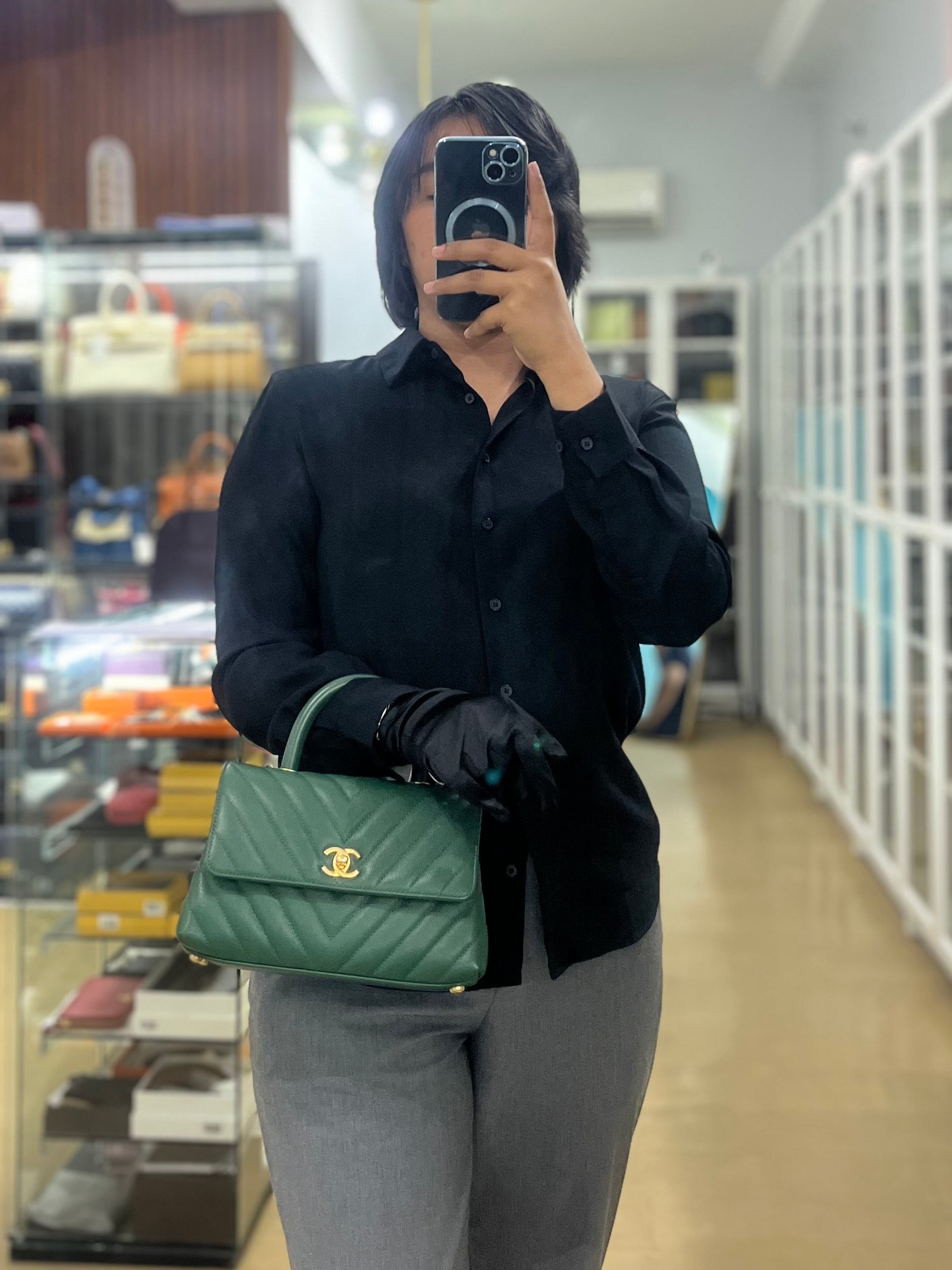 Coco Handle Small in Green Chevron and Aged Gold Hardware Series 26 | Purse Maison Luxury Bags Shop