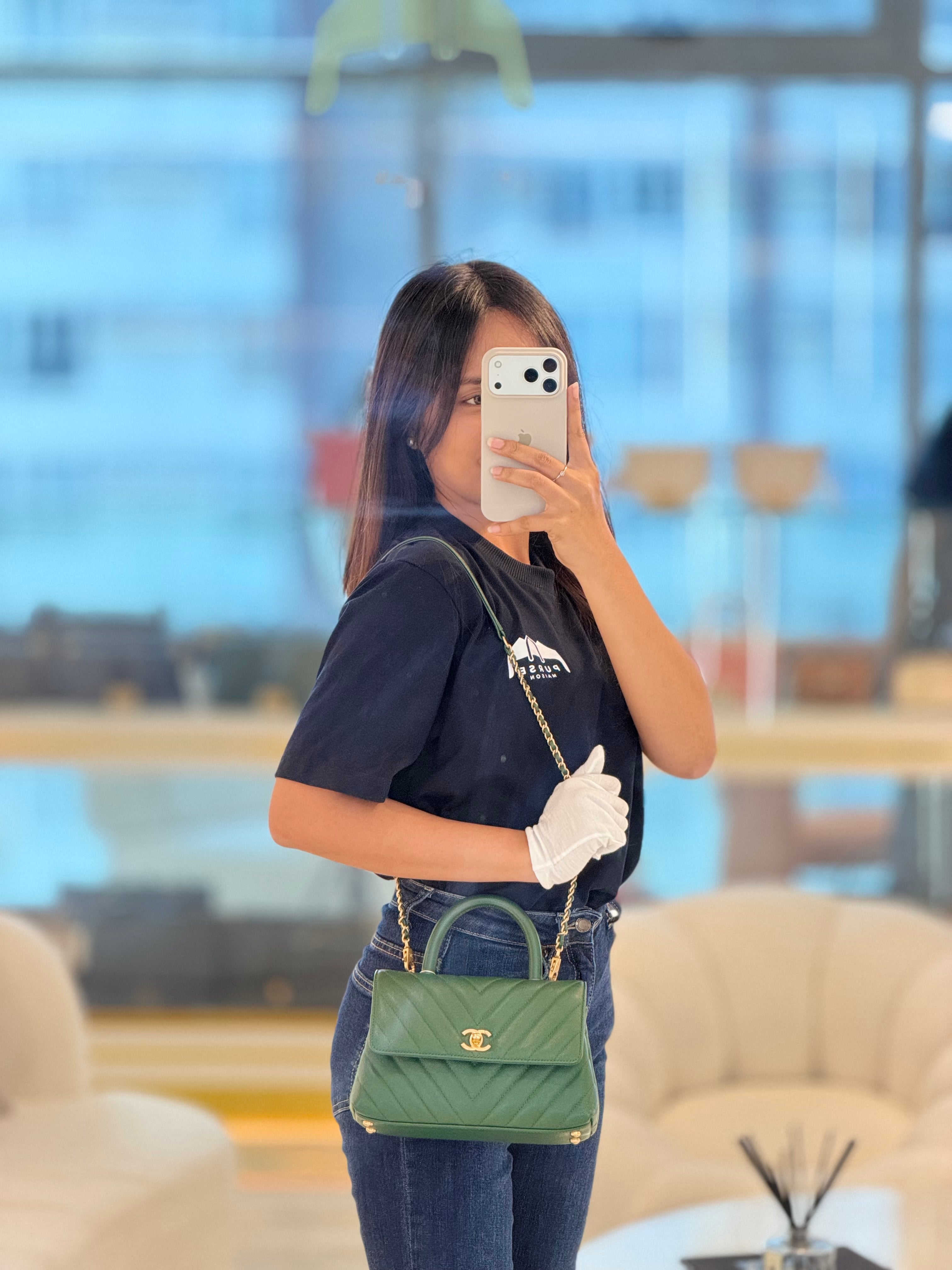 Coco Handle Small in Green Chevron and Aged Gold Hardware Series 26 | Purse Maison Luxury Bags Shop