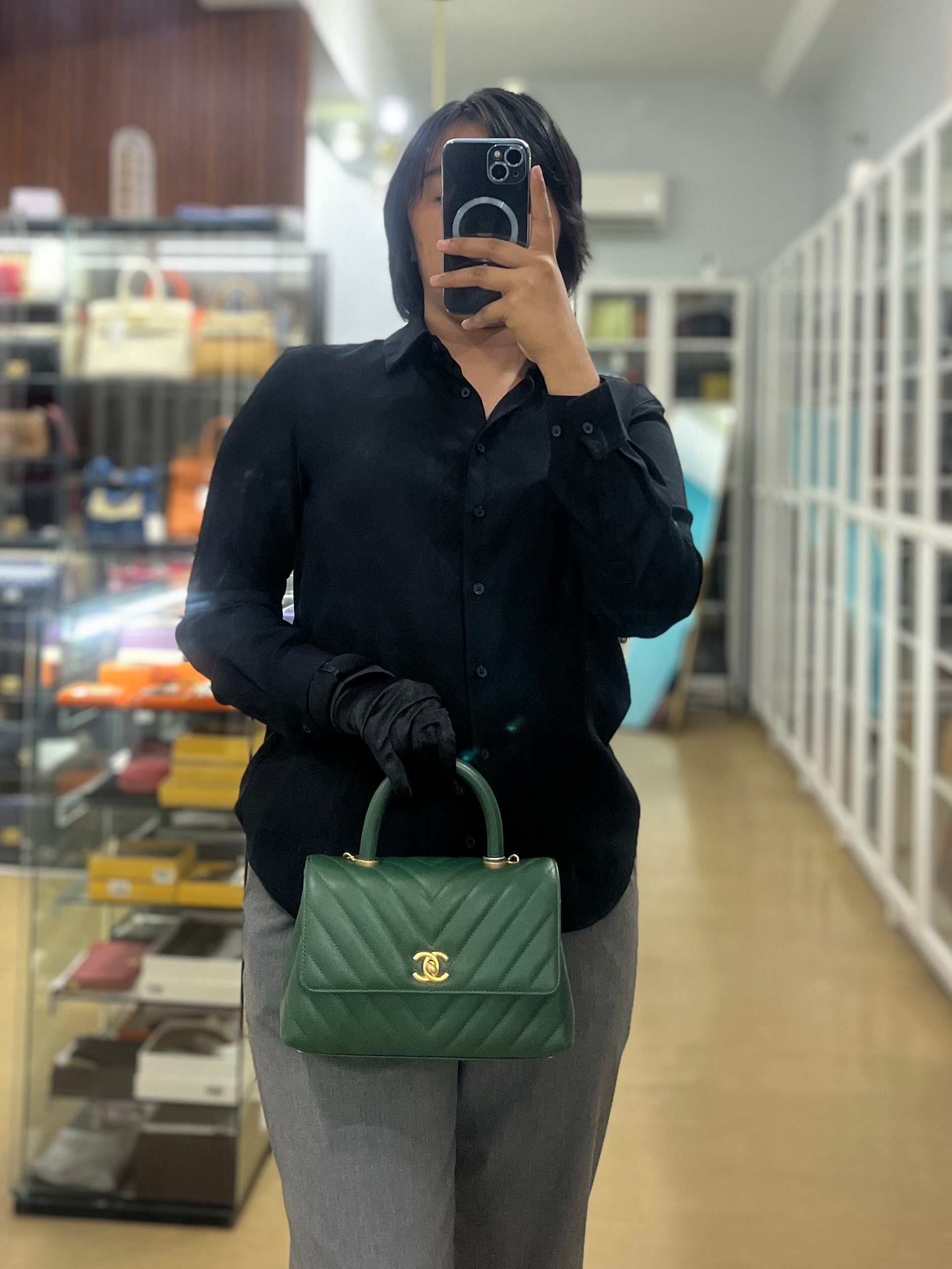 Coco Handle Small in Green Chevron and Aged Gold Hardware Series 26 | Purse Maison Luxury Bags Shop