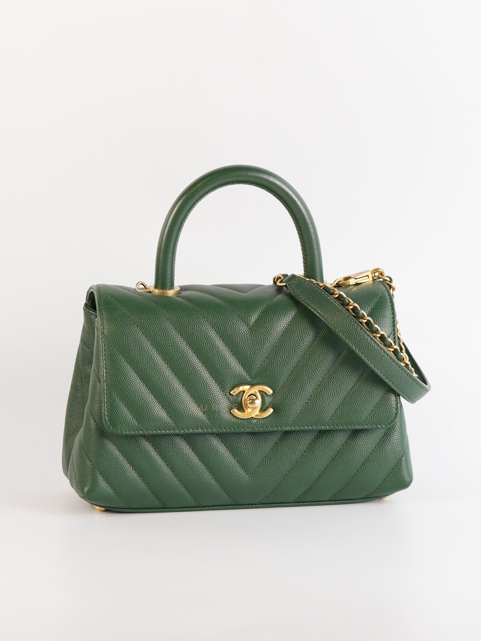 Coco Handle Small in Green Chevron and Aged Gold Hardware Series 26 | Purse Maison Luxury Bags Shop