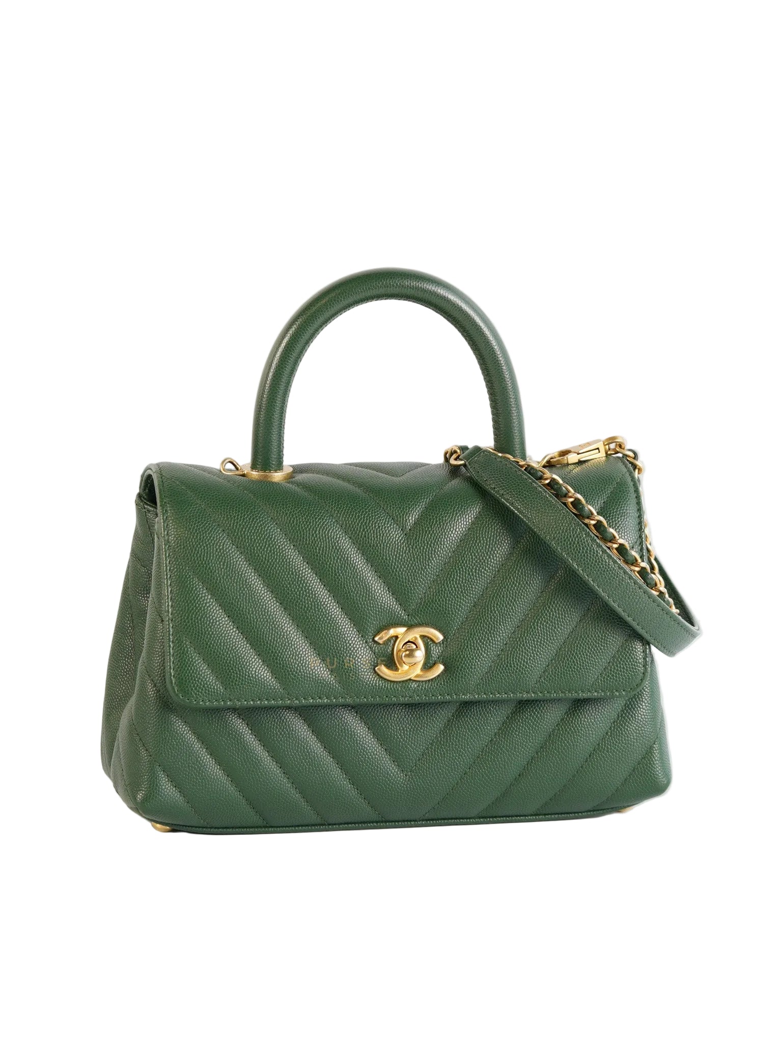 Coco Handle Small in Green Chevron and Aged Gold Hardware Series 26 | Purse Maison Luxury Bags Shop