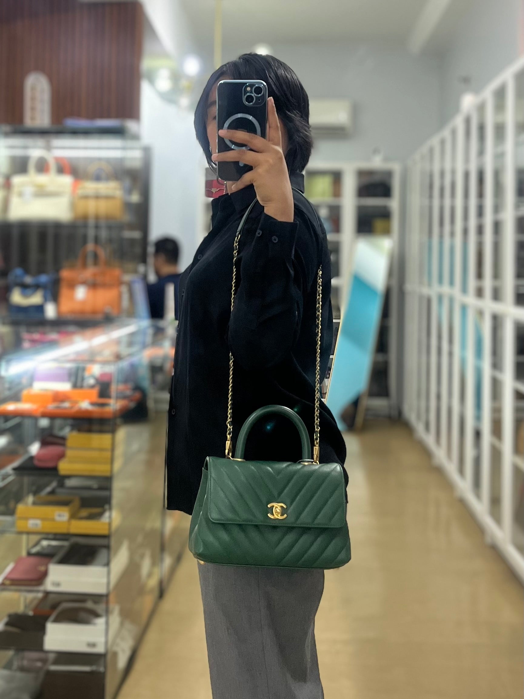 Coco Handle Small in Green Chevron and Aged Gold Hardware Series 26 | Purse Maison Luxury Bags Shop