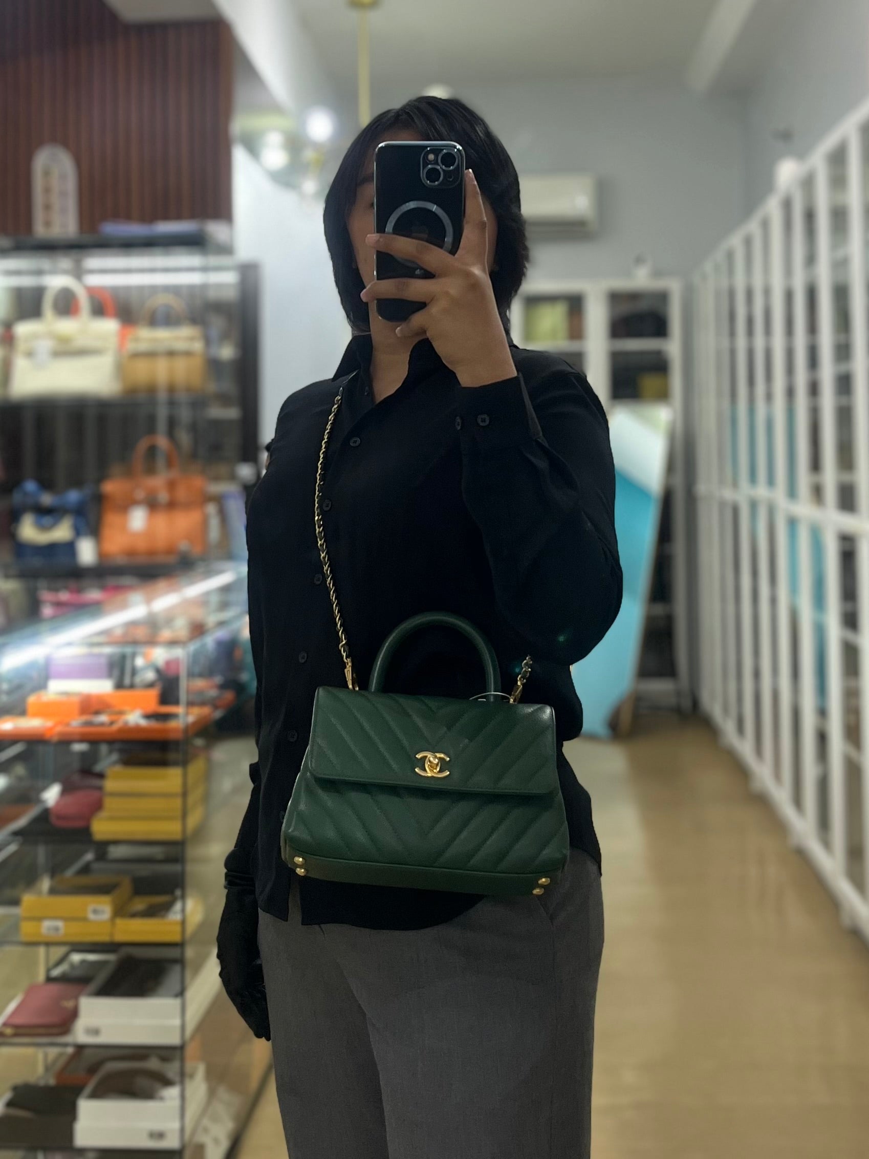 Coco Handle Small in Green Chevron and Aged Gold Hardware Series 26 | Purse Maison Luxury Bags Shop