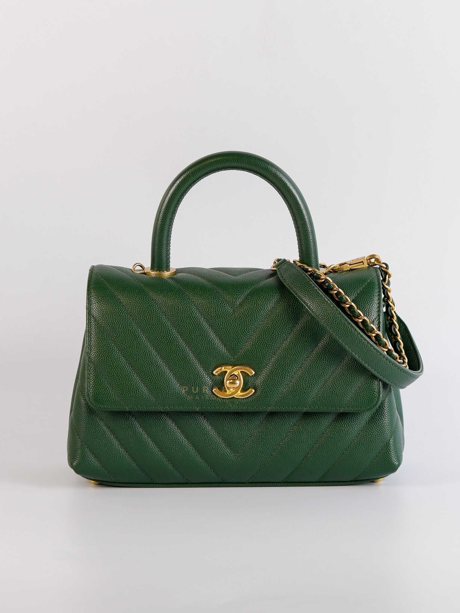 Coco Handle Small in Green Chevron and Aged Gold Hardware Series 26 | Purse Maison Luxury Bags Shop