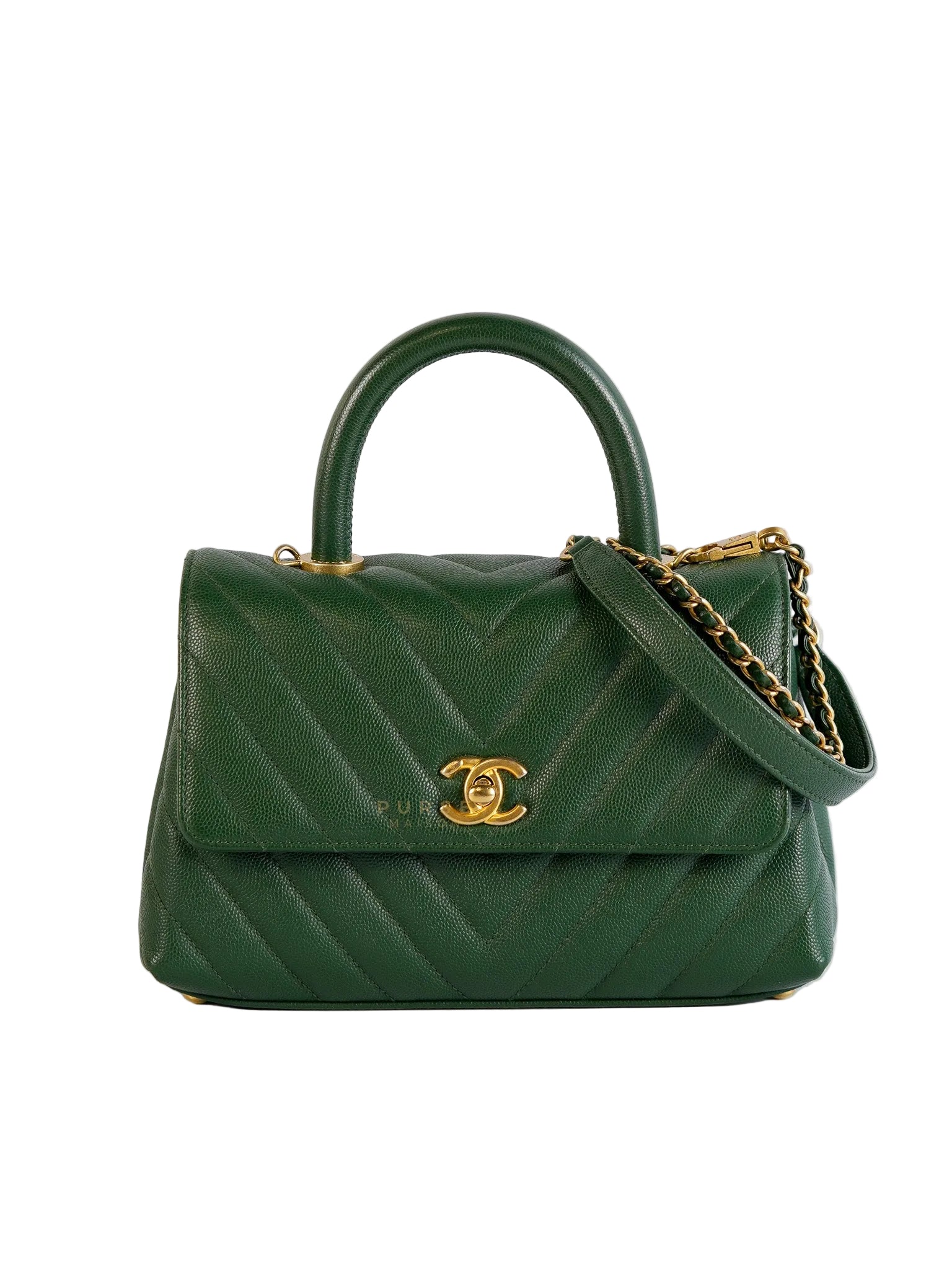 Coco Handle Small in Green Chevron and Aged Gold Hardware Series 26 | Purse Maison Luxury Bags Shop