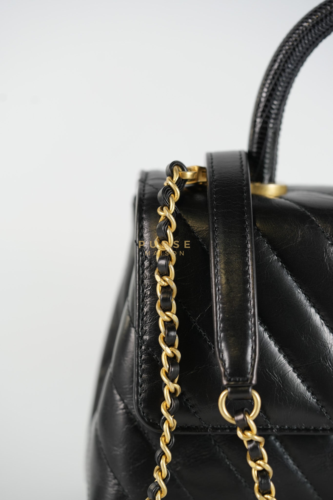 Coco Handle Small Lizard Handle Black Chevron in Shiny Calfskin and Aged Gold Hardware Series 25 | Purse Maison Luxury Bags Shop