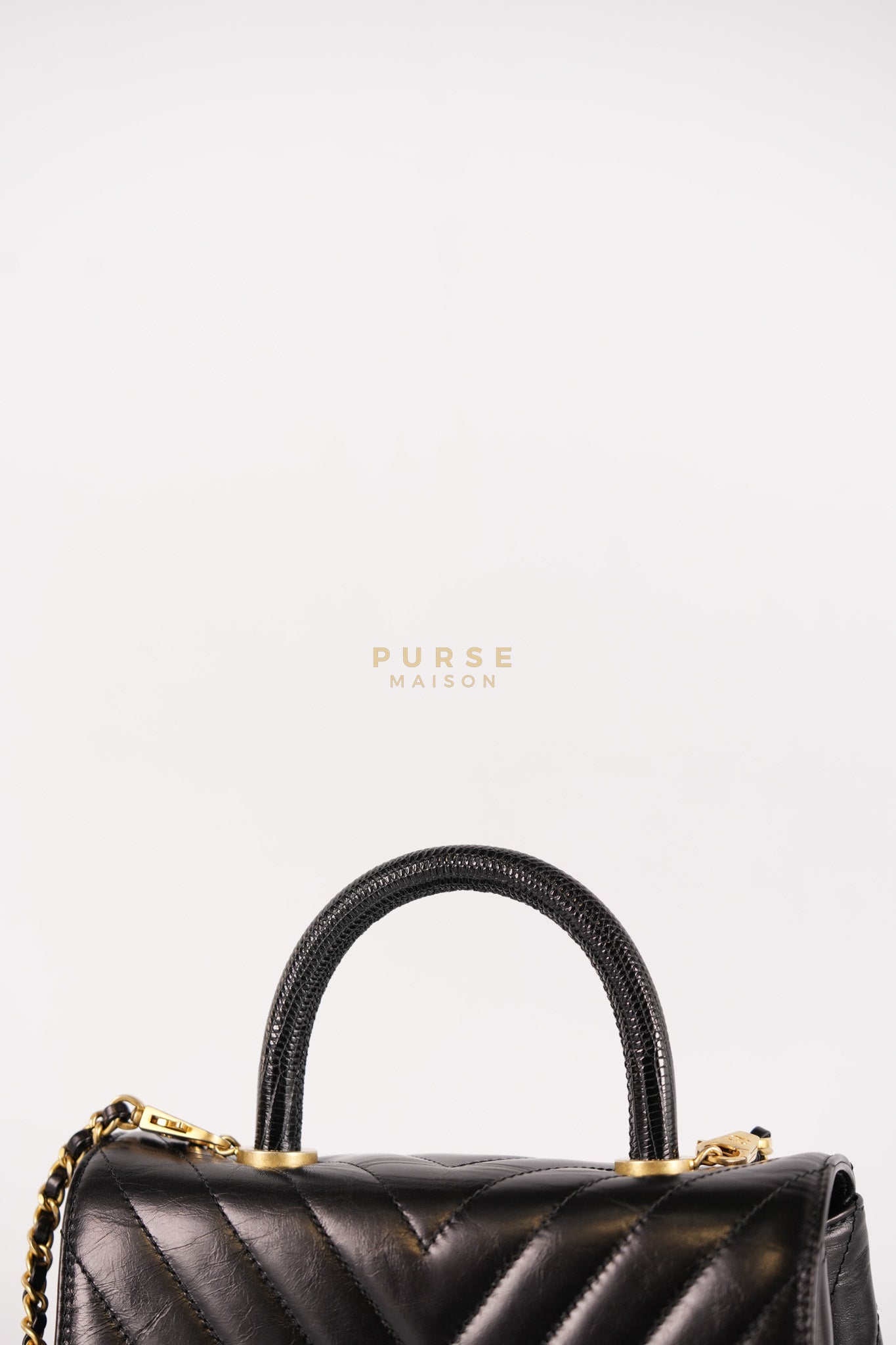 Coco Handle Small Lizard Handle Black Chevron in Shiny Calfskin and Aged Gold Hardware Series 25 | Purse Maison Luxury Bags Shop