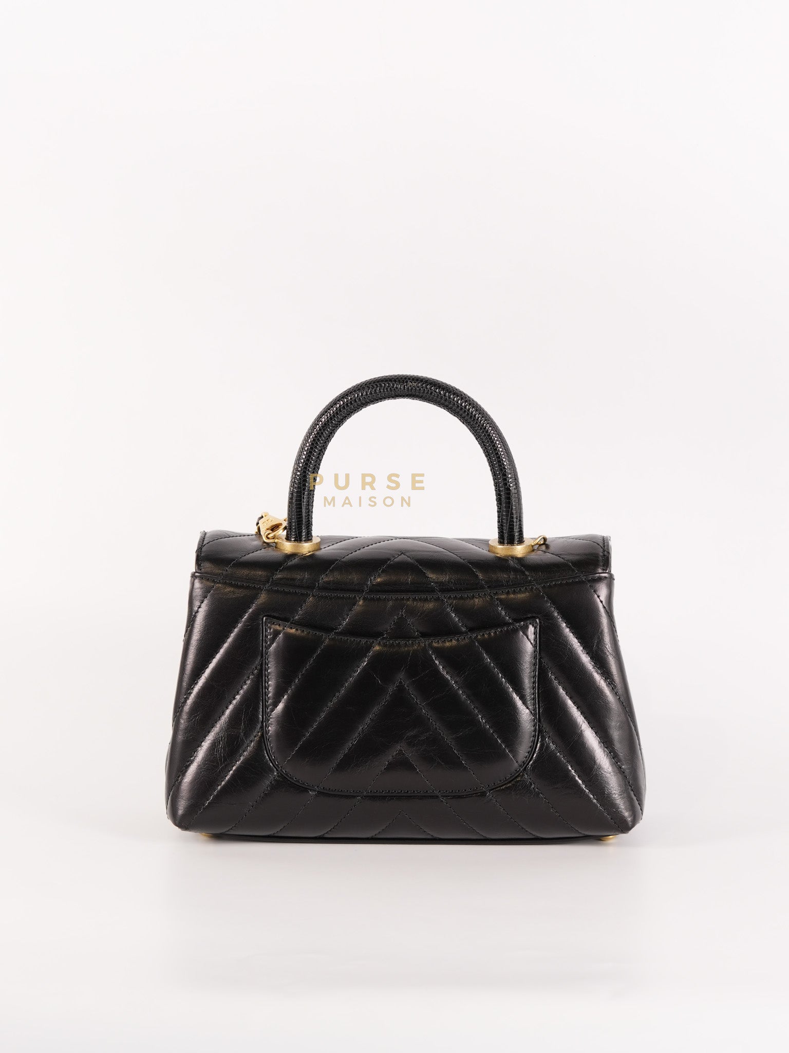 Coco Handle Small Lizard Handle Black Chevron in Shiny Calfskin and Aged Gold Hardware Series 25 | Purse Maison Luxury Bags Shop