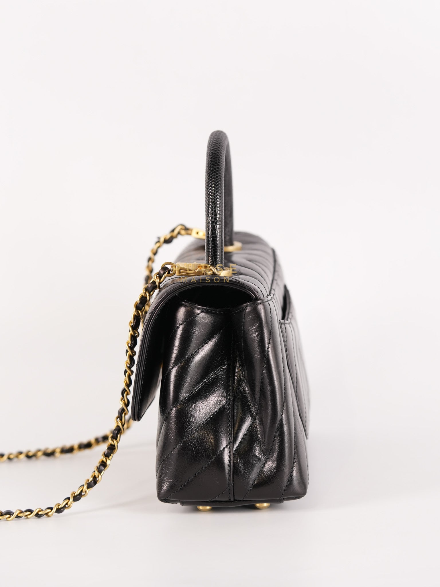 Coco Handle Small Lizard Handle Black Chevron in Shiny Calfskin and Aged Gold Hardware Series 25 | Purse Maison Luxury Bags Shop