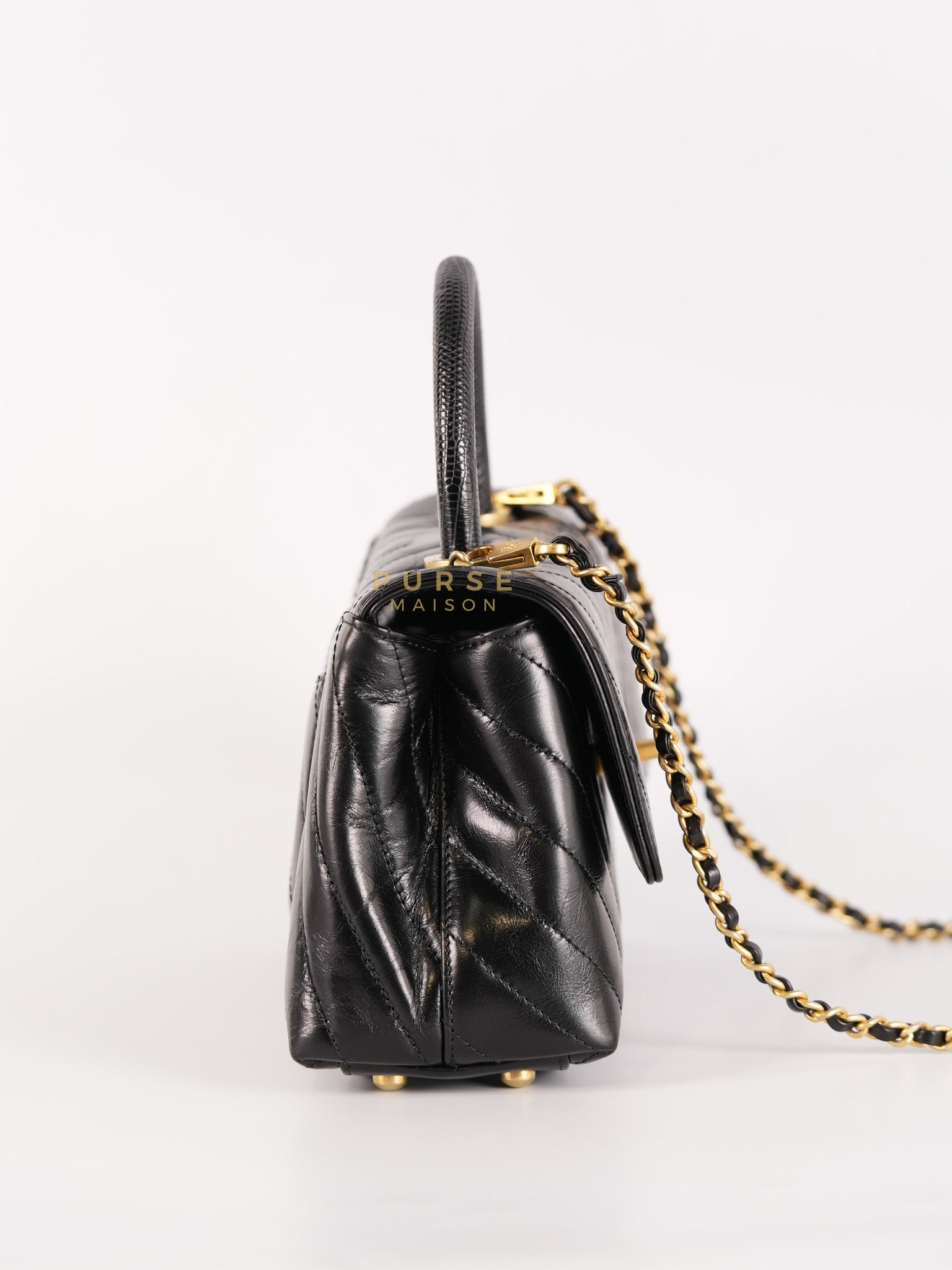 Coco Handle Small Lizard Handle Black Chevron in Shiny Calfskin and Aged Gold Hardware Series 25 | Purse Maison Luxury Bags Shop