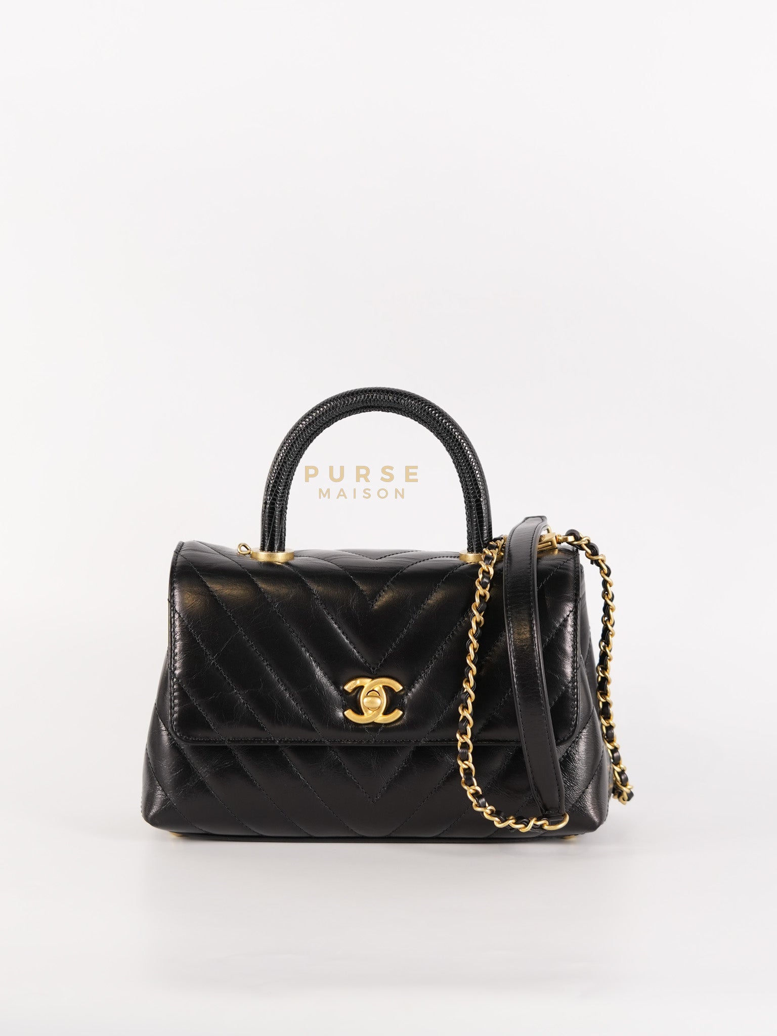 Coco Handle Small Lizard Handle Black Chevron in Shiny Calfskin and Aged Gold Hardware Series 25 | Purse Maison Luxury Bags Shop
