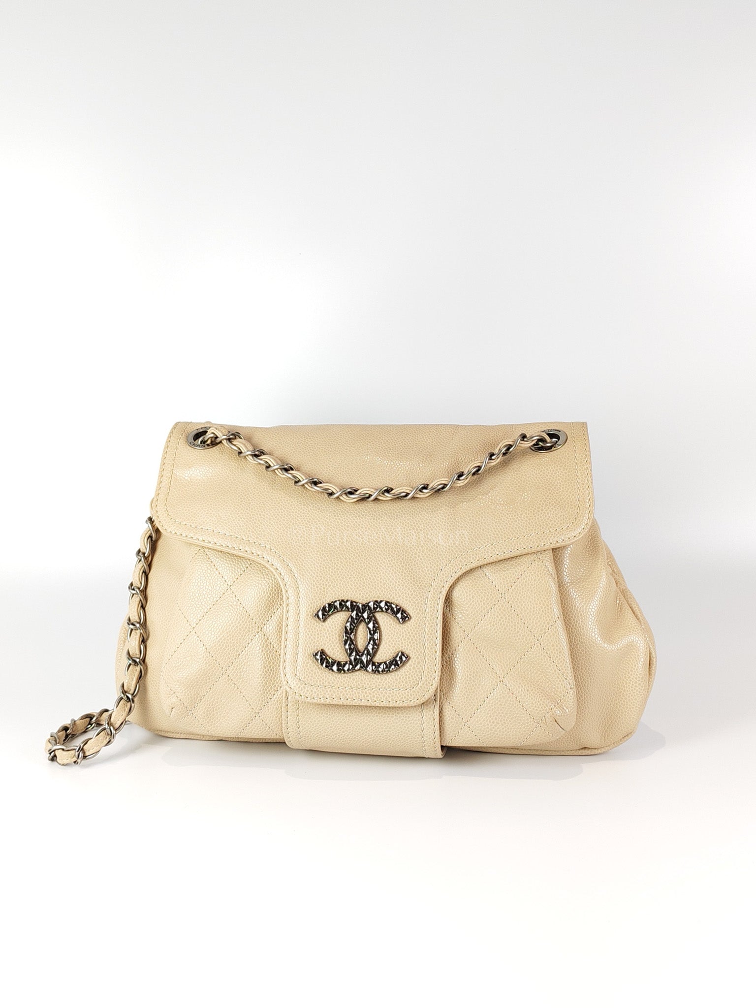 Coco Rider Flap Bag Light Beige Caviar Leather and Ruthenium Hardware Series 13 | Purse Maison Luxury Bags Shop