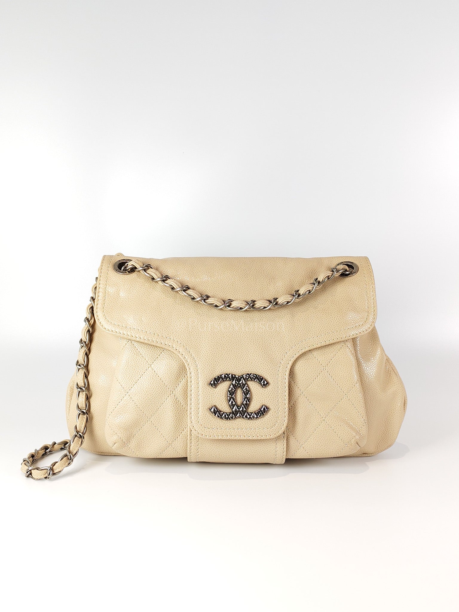 Coco Rider Flap Bag Light Beige Caviar Leather and Ruthenium Hardware Series 13 | Purse Maison Luxury Bags Shop