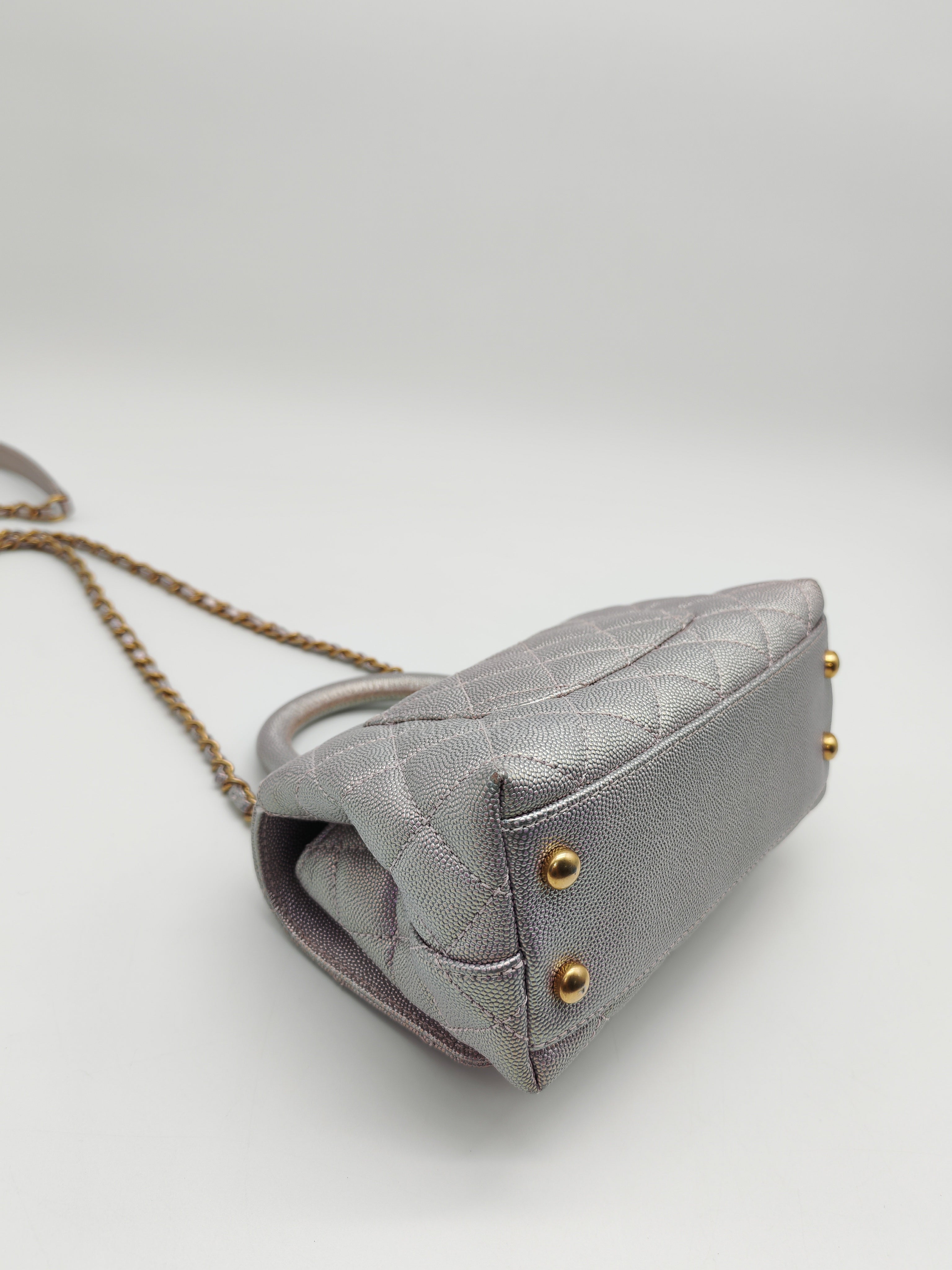 Coco Top Handle Bag Mini in Iridescent Quilted Caviar Leather & Gold Hardware Microchip | Purse Maison Luxury Bags Shop