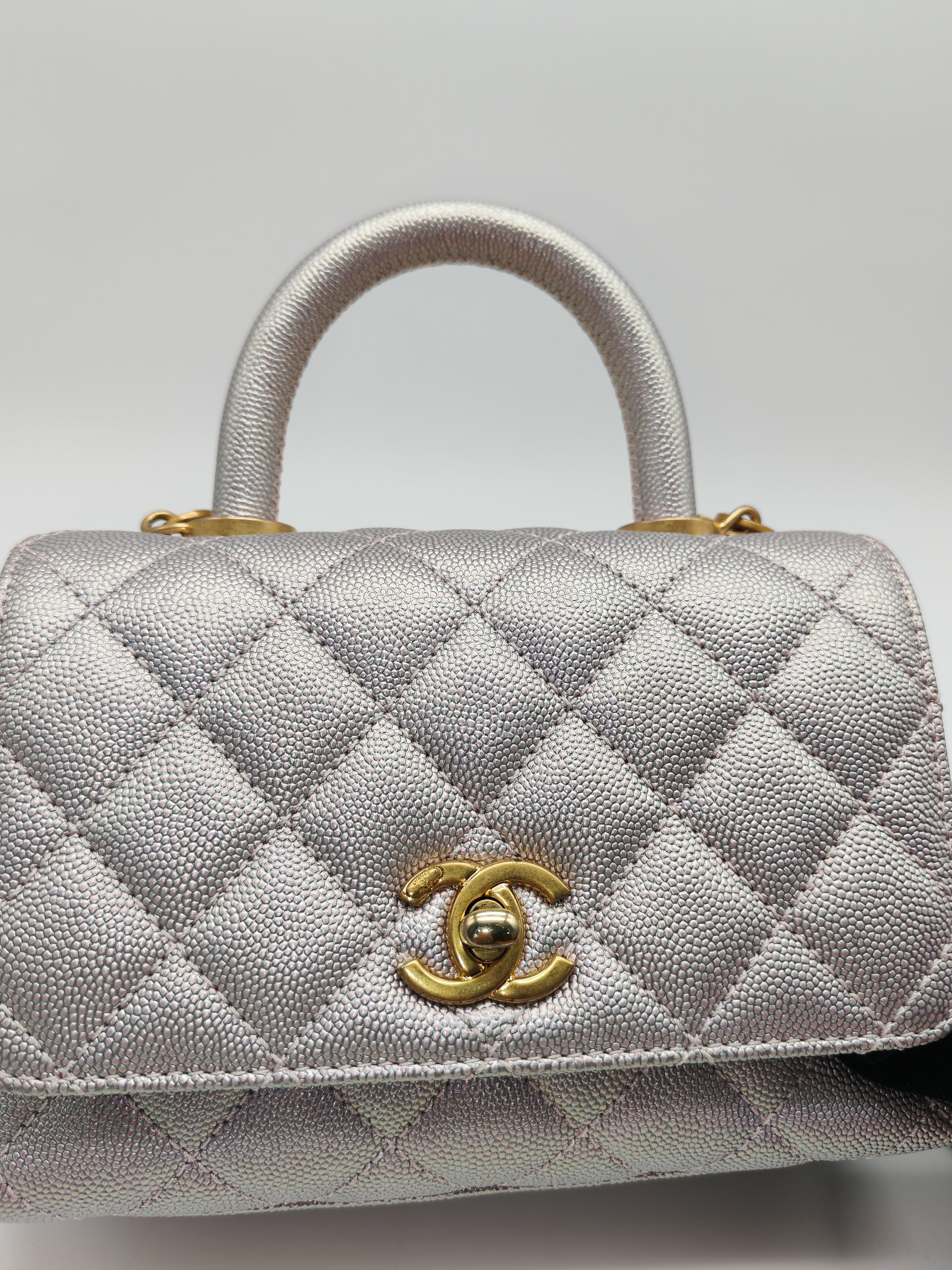 Coco Top Handle Bag Mini in Iridescent Quilted Caviar Leather & Gold Hardware Microchip | Purse Maison Luxury Bags Shop