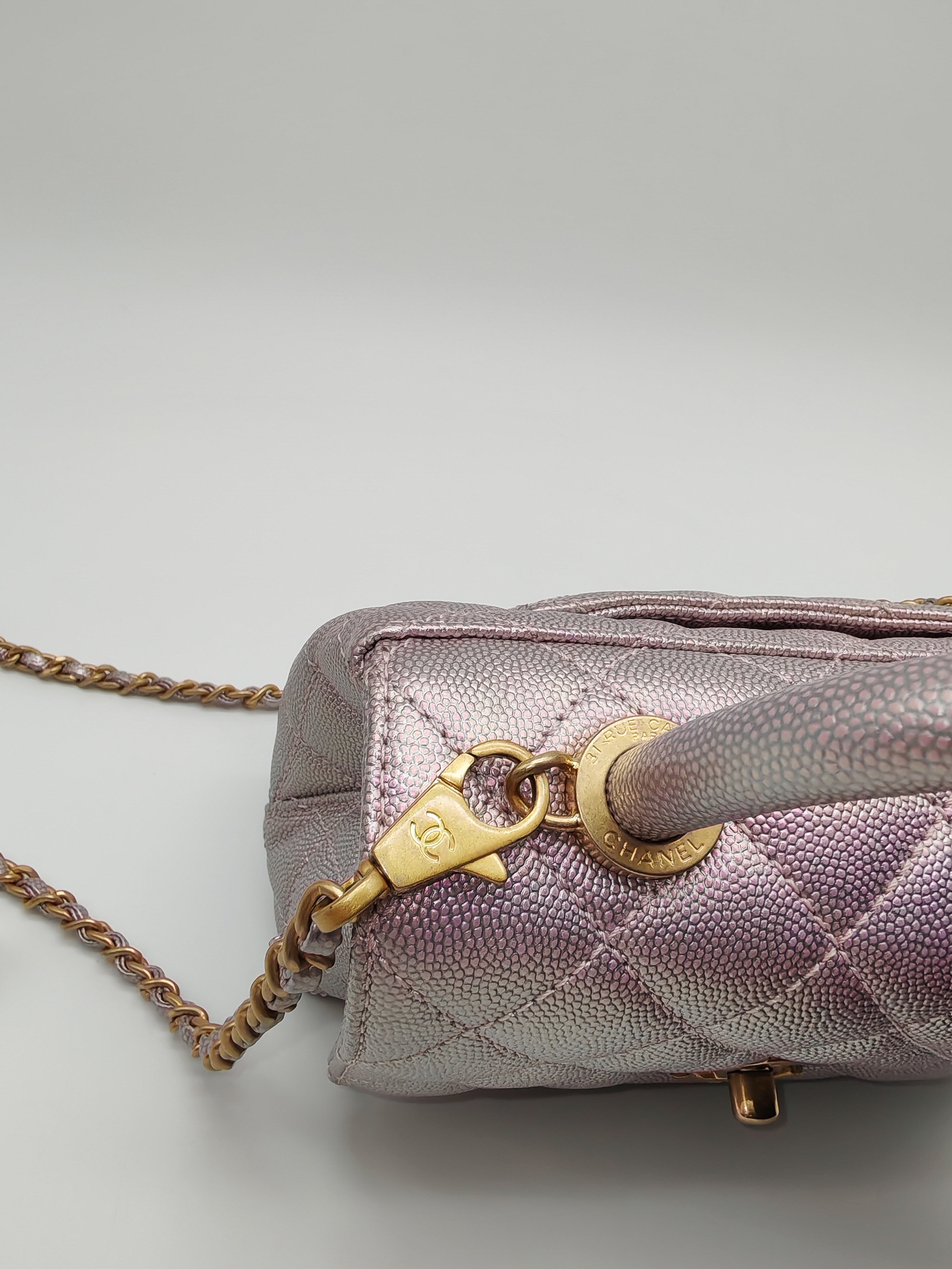 Coco Top Handle Bag Mini in Iridescent Quilted Caviar Leather & Gold Hardware Microchip | Purse Maison Luxury Bags Shop
