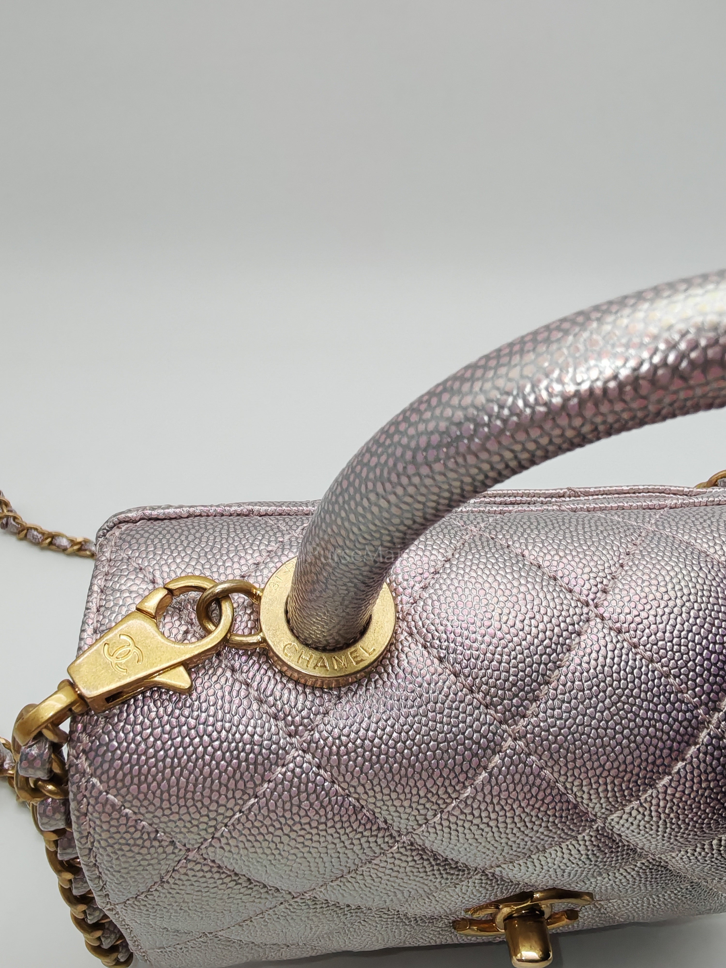 Coco Top Handle Bag Mini in Iridescent Quilted Caviar Leather & Gold Hardware Microchip | Purse Maison Luxury Bags Shop