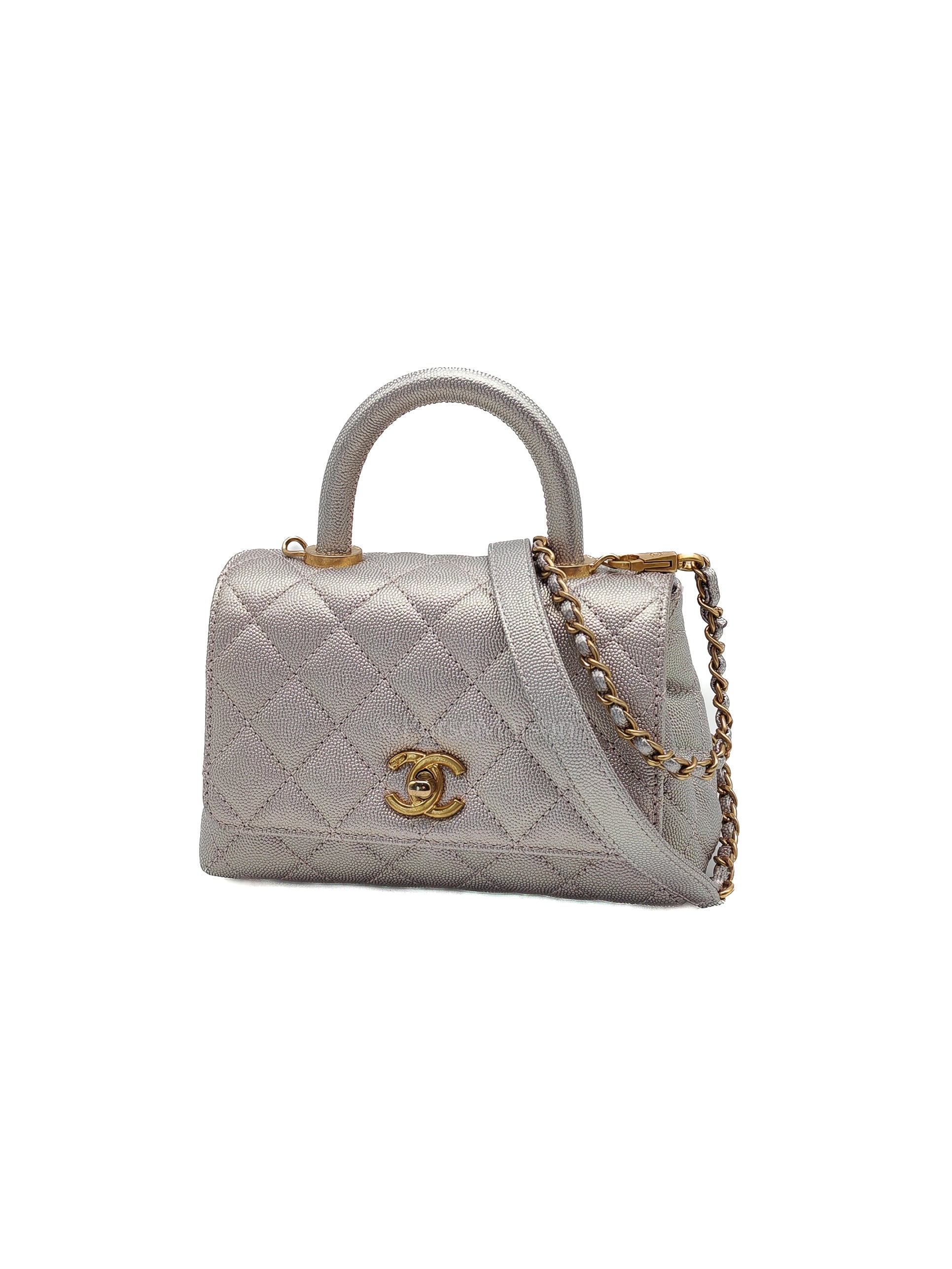 Coco Top Handle Bag Mini in Iridescent Quilted Caviar Leather & Gold Hardware Microchip | Purse Maison Luxury Bags Shop