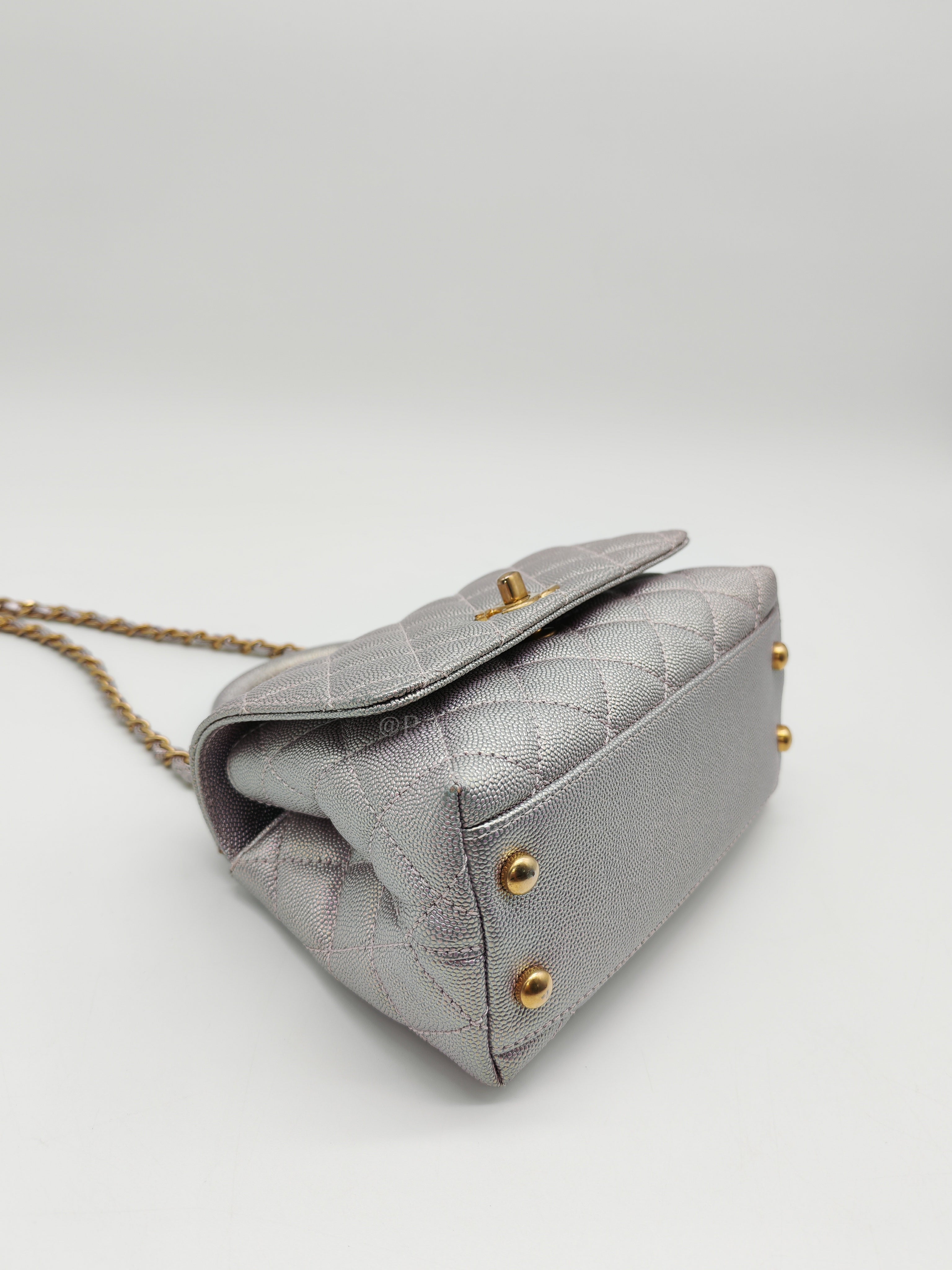 Coco Top Handle Bag Mini in Iridescent Quilted Caviar Leather & Gold Hardware Microchip | Purse Maison Luxury Bags Shop