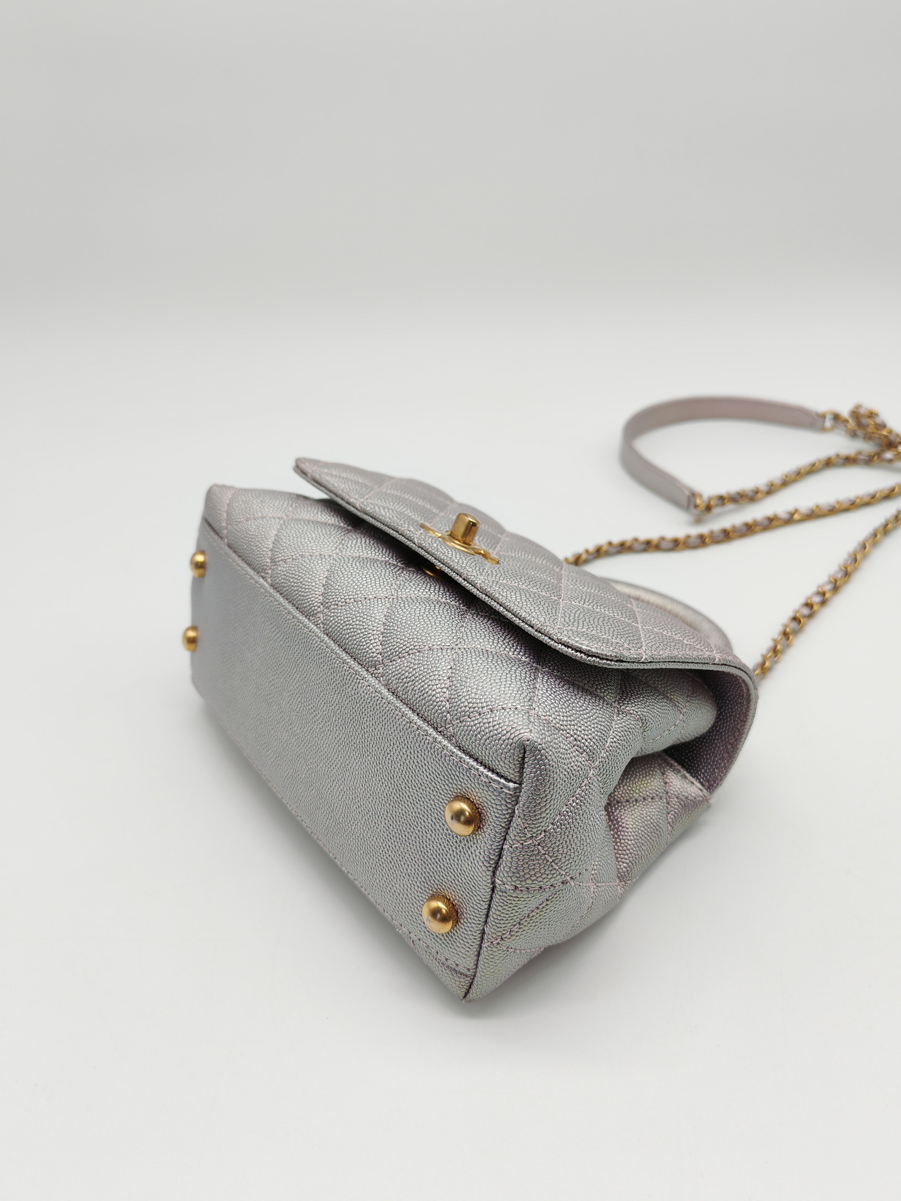 Coco Top Handle Bag Mini in Iridescent Quilted Caviar Leather & Gold Hardware Microchip | Purse Maison Luxury Bags Shop
