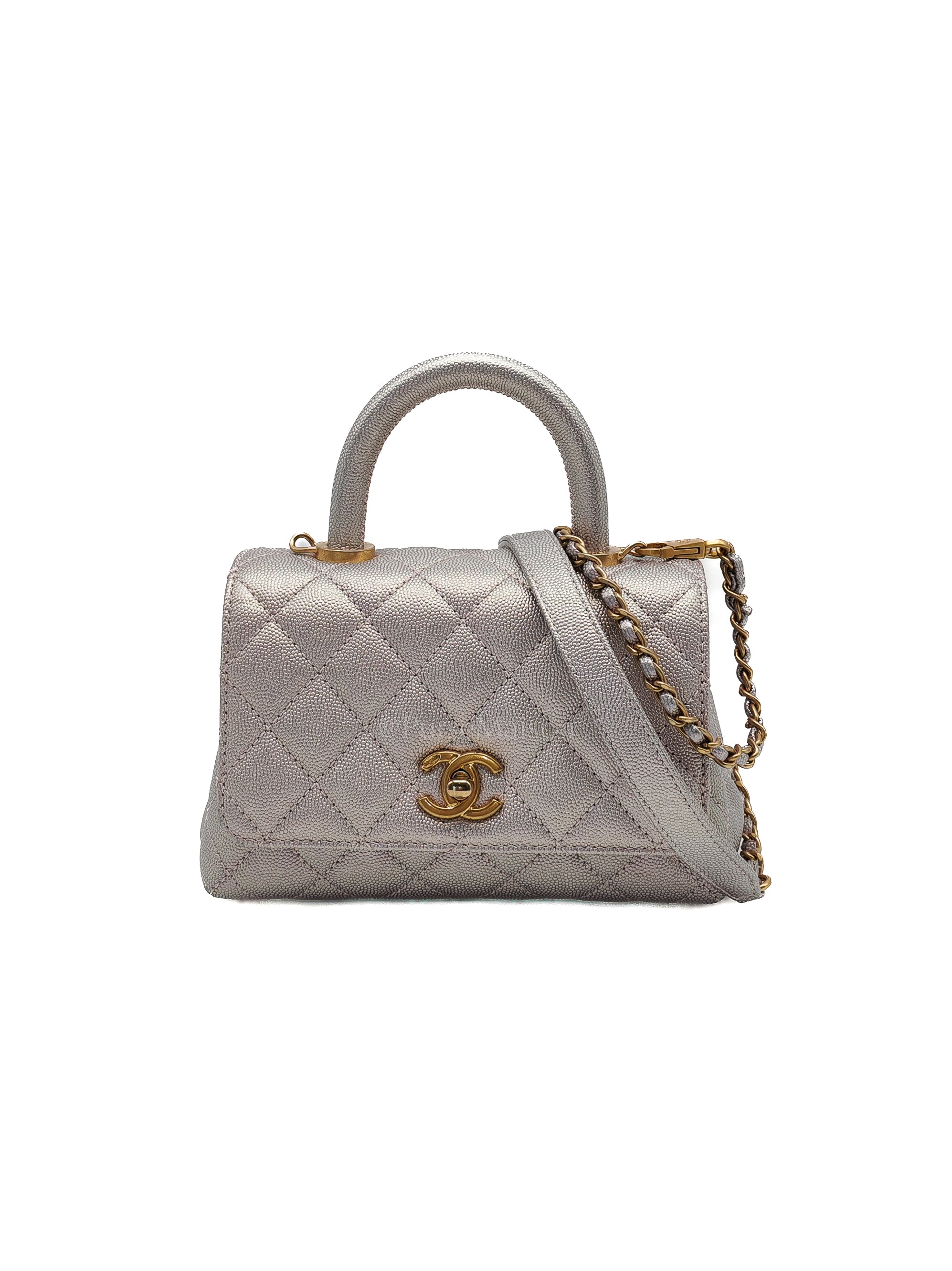 Coco Top Handle Bag Mini in Iridescent Quilted Caviar Leather & Gold Hardware Microchip | Purse Maison Luxury Bags Shop