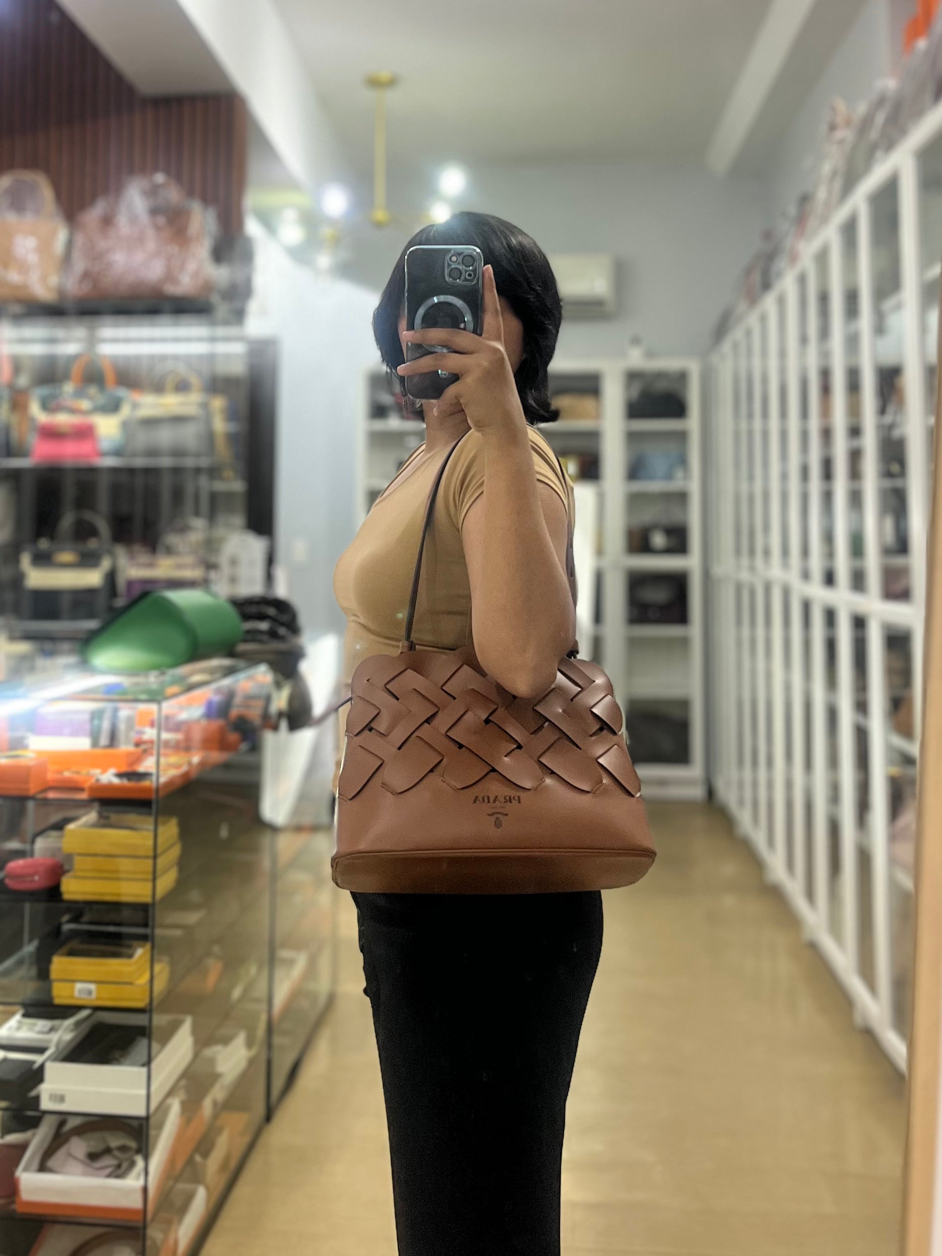 Cognac Borsa A Mano in Pelle Vitello Intreccio Shoulder Bag | Purse Maison Luxury Bags Shop