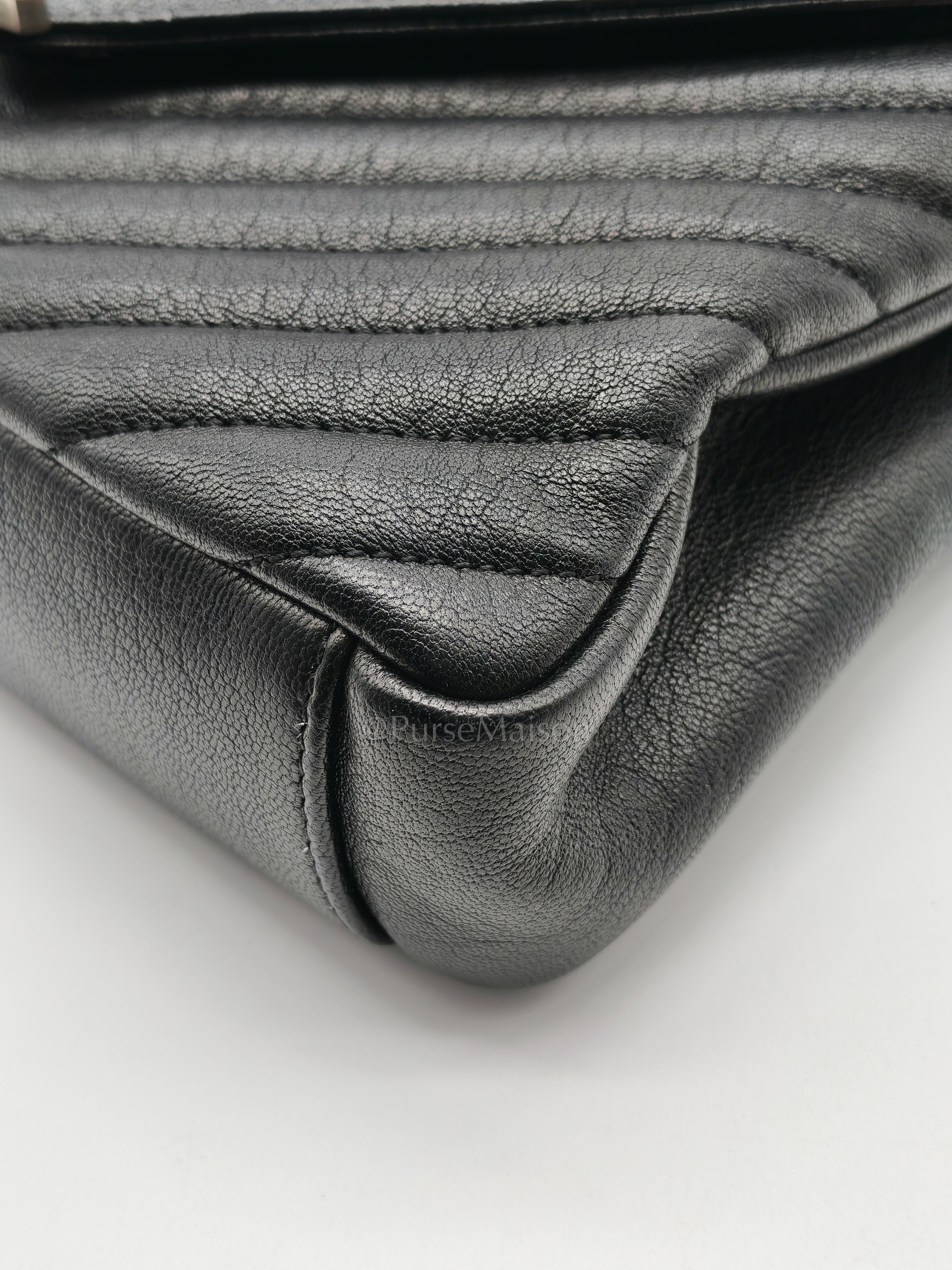 College Bag in Black Quilted Chevron Calfskin Leather & Silver/Ruthenium Hardware | Purse Maison Luxury Bags Shop