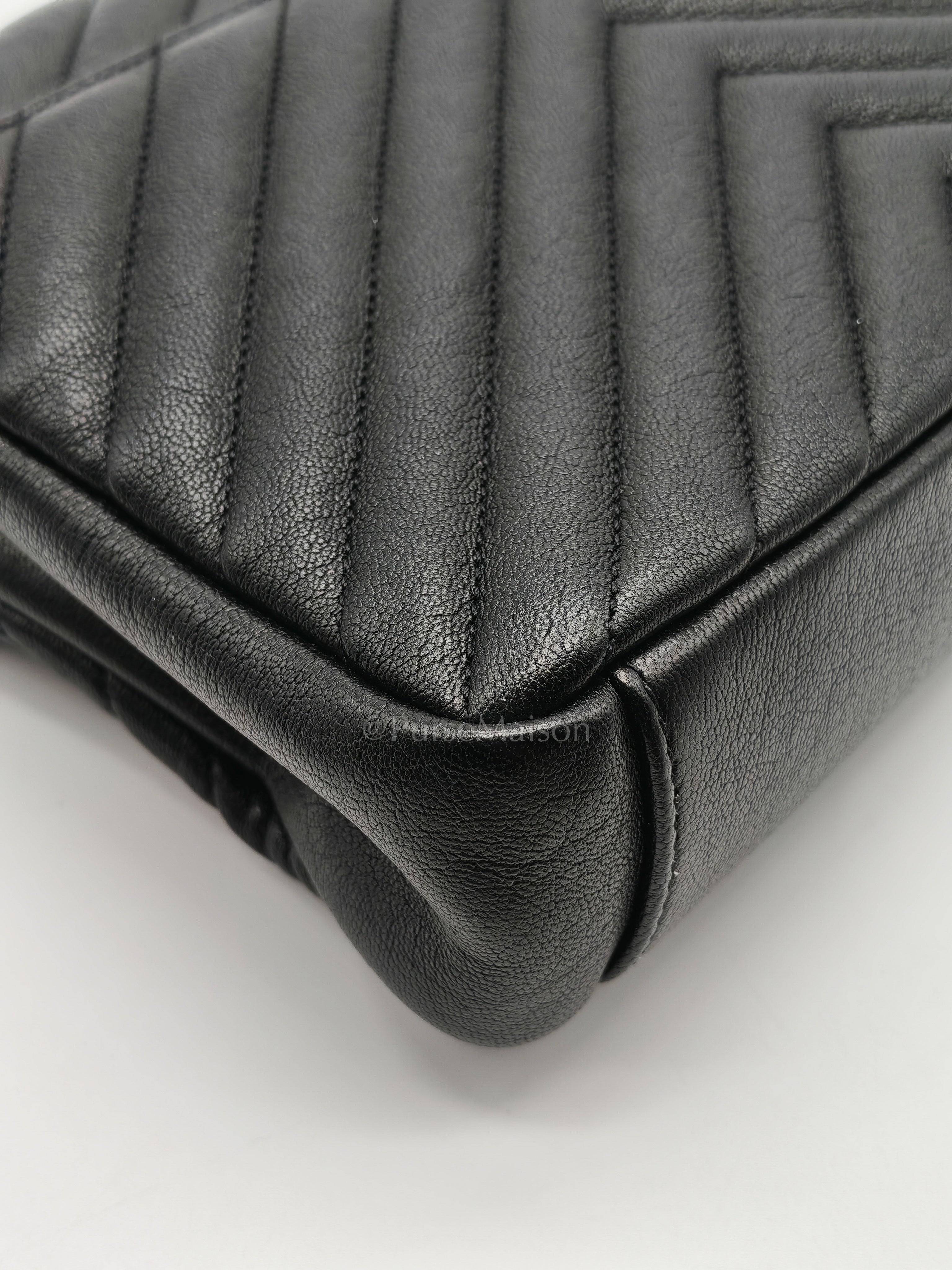 College Bag in Black Quilted Chevron Calfskin Leather & Silver/Ruthenium Hardware | Purse Maison Luxury Bags Shop