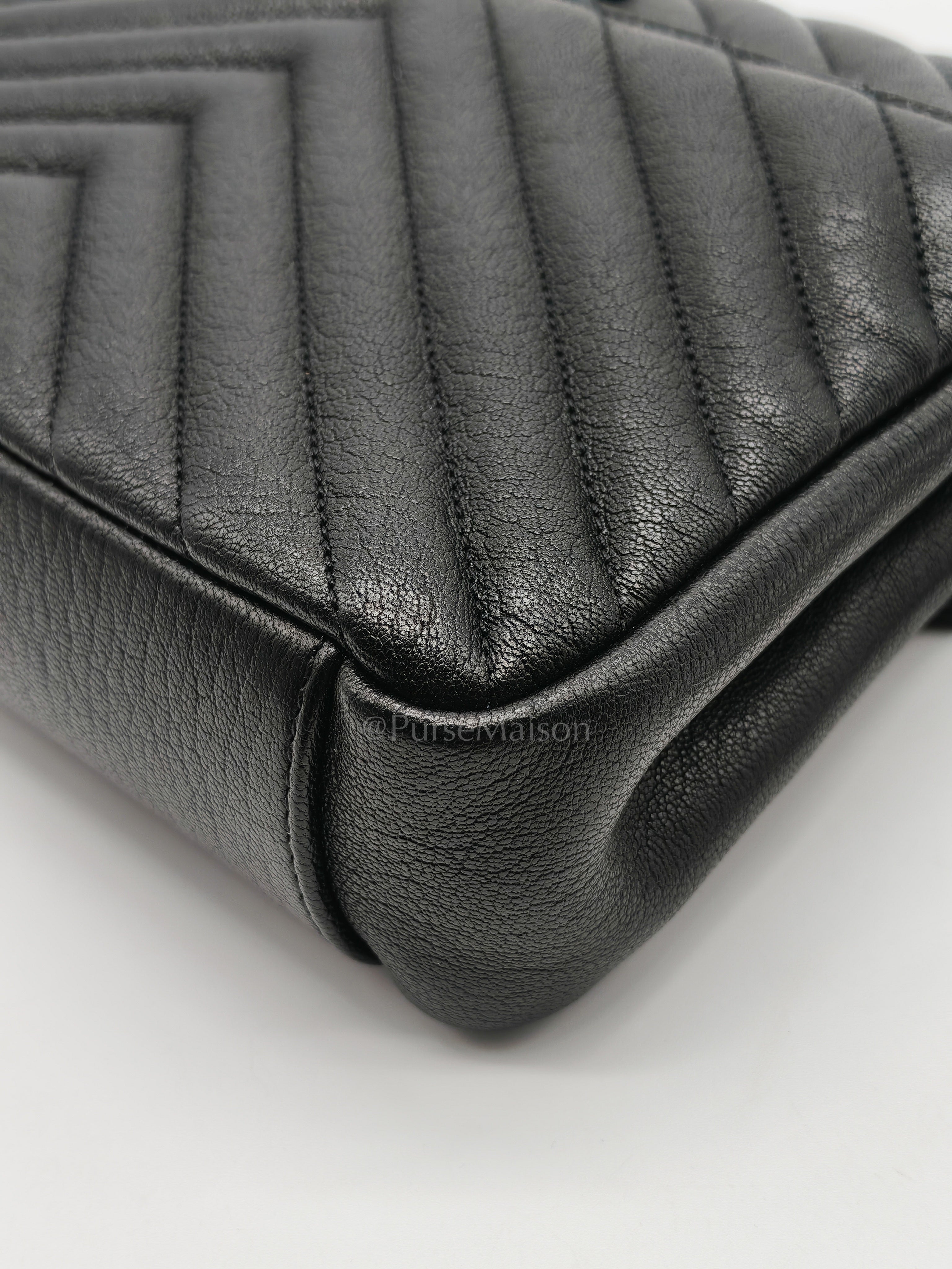 College Bag in Black Quilted Chevron Calfskin Leather & Silver/Ruthenium Hardware | Purse Maison Luxury Bags Shop