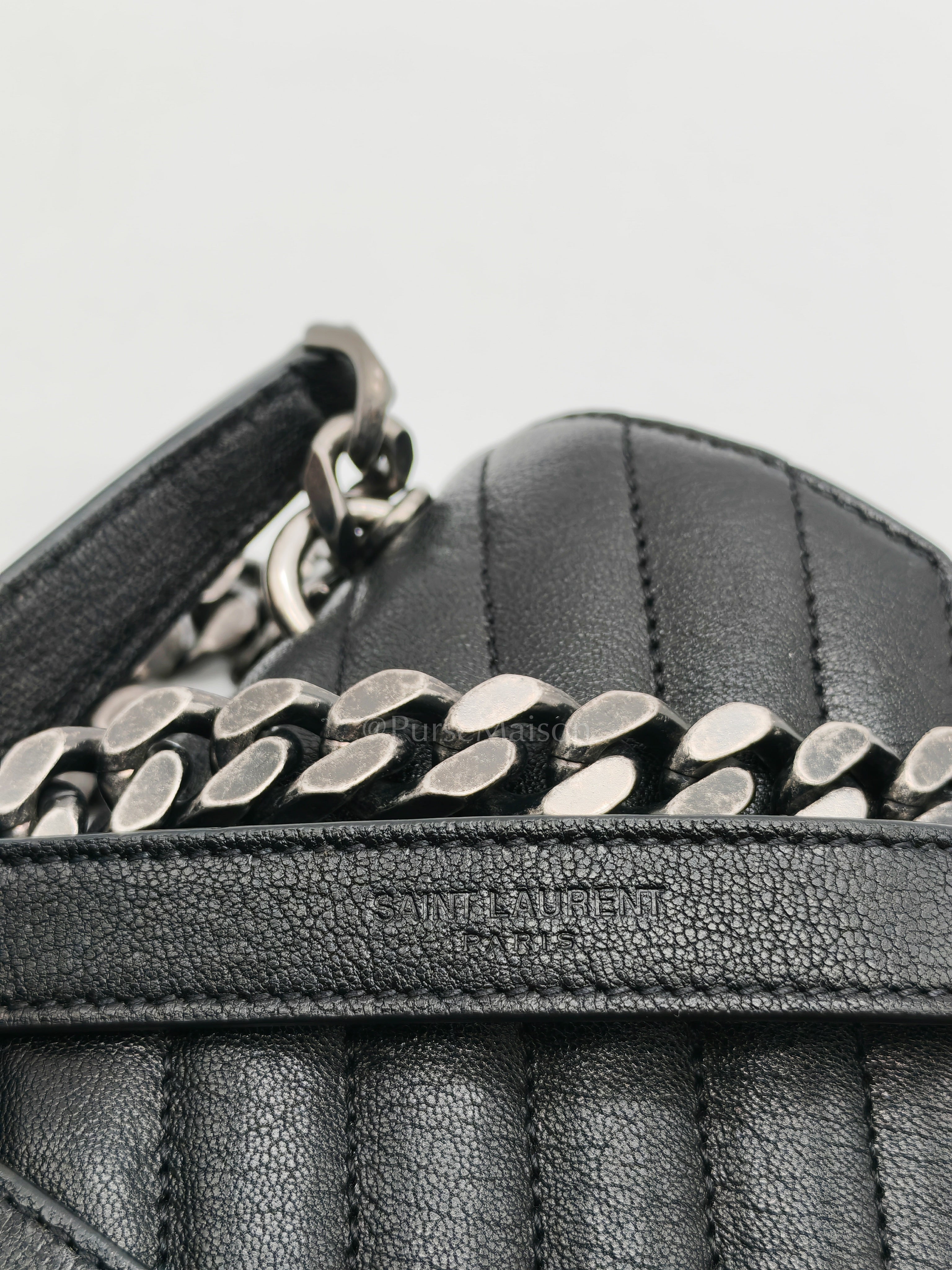 College Bag in Black Quilted Chevron Calfskin Leather & Silver/Ruthenium Hardware | Purse Maison Luxury Bags Shop