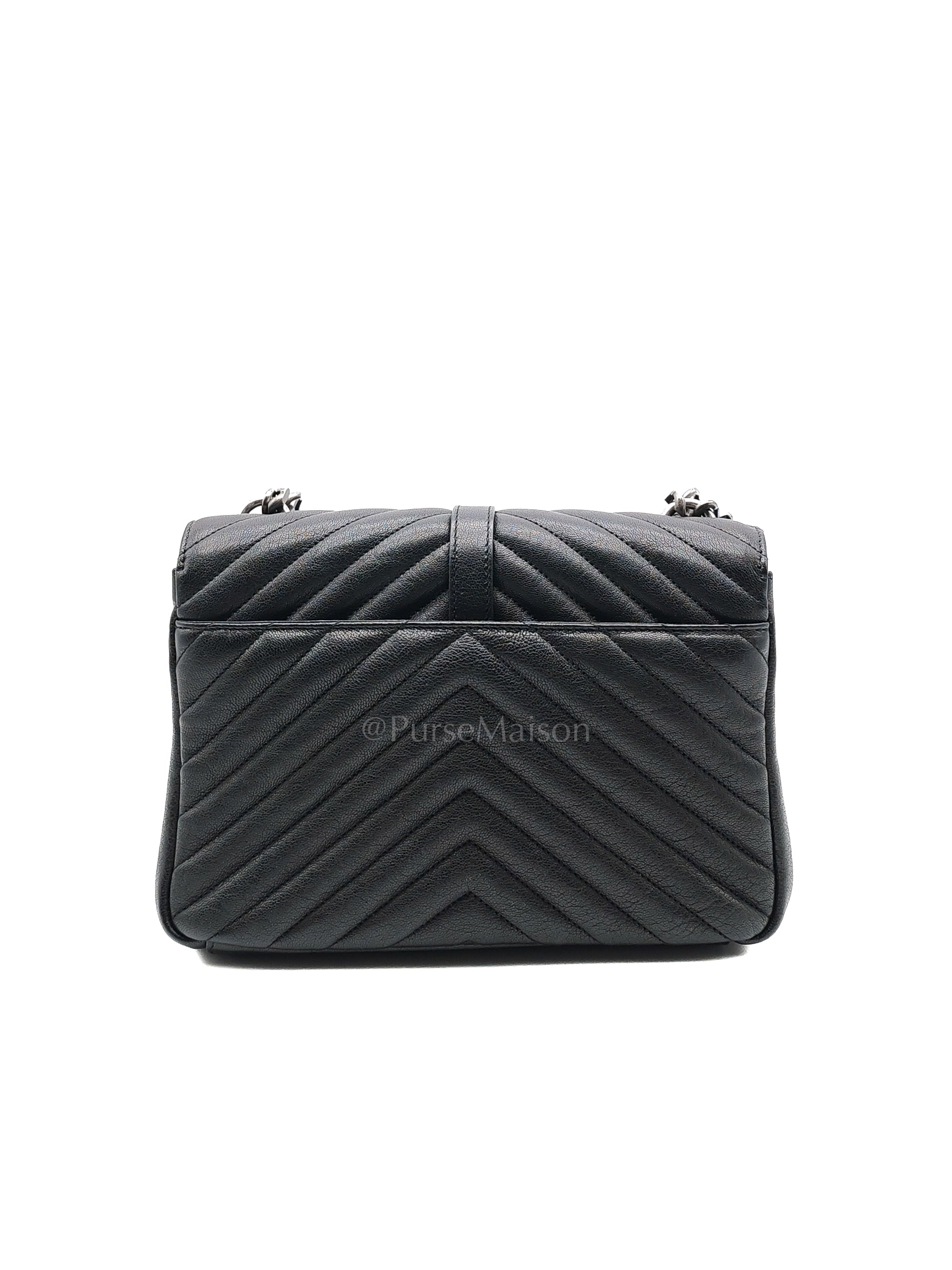 College Bag in Black Quilted Chevron Calfskin Leather & Silver/Ruthenium Hardware | Purse Maison Luxury Bags Shop