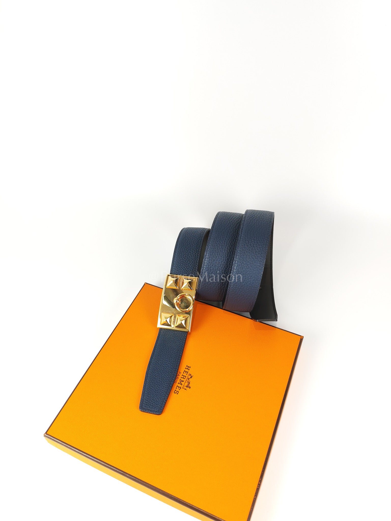 Collier de Chien (CDG) Belt In Bleu Saphir/ Dark Brown and Gold Hardware Reversible Belt Size 90 Stamp T (2015) | Purse Maison Luxury Bags Shop