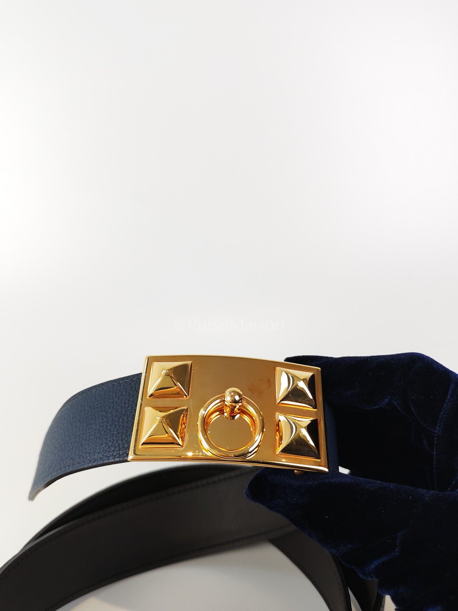 Collier de Chien (CDG) Belt In Bleu Saphir/ Dark Brown and Gold Hardware Reversible Belt Size 90 Stamp T (2015) | Purse Maison Luxury Bags Shop