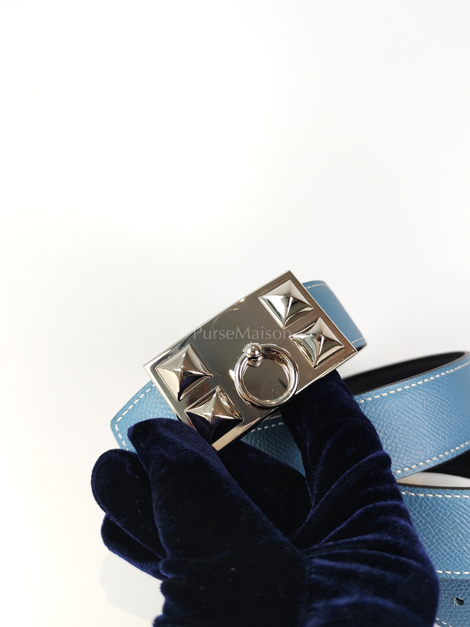 Collier de Chien (CDG) Belt In Blue Jean/Noir and Palladium Hardware Reversible Belt Size 90 Stamp T (2015) | Purse Maison Luxury Bags Shop