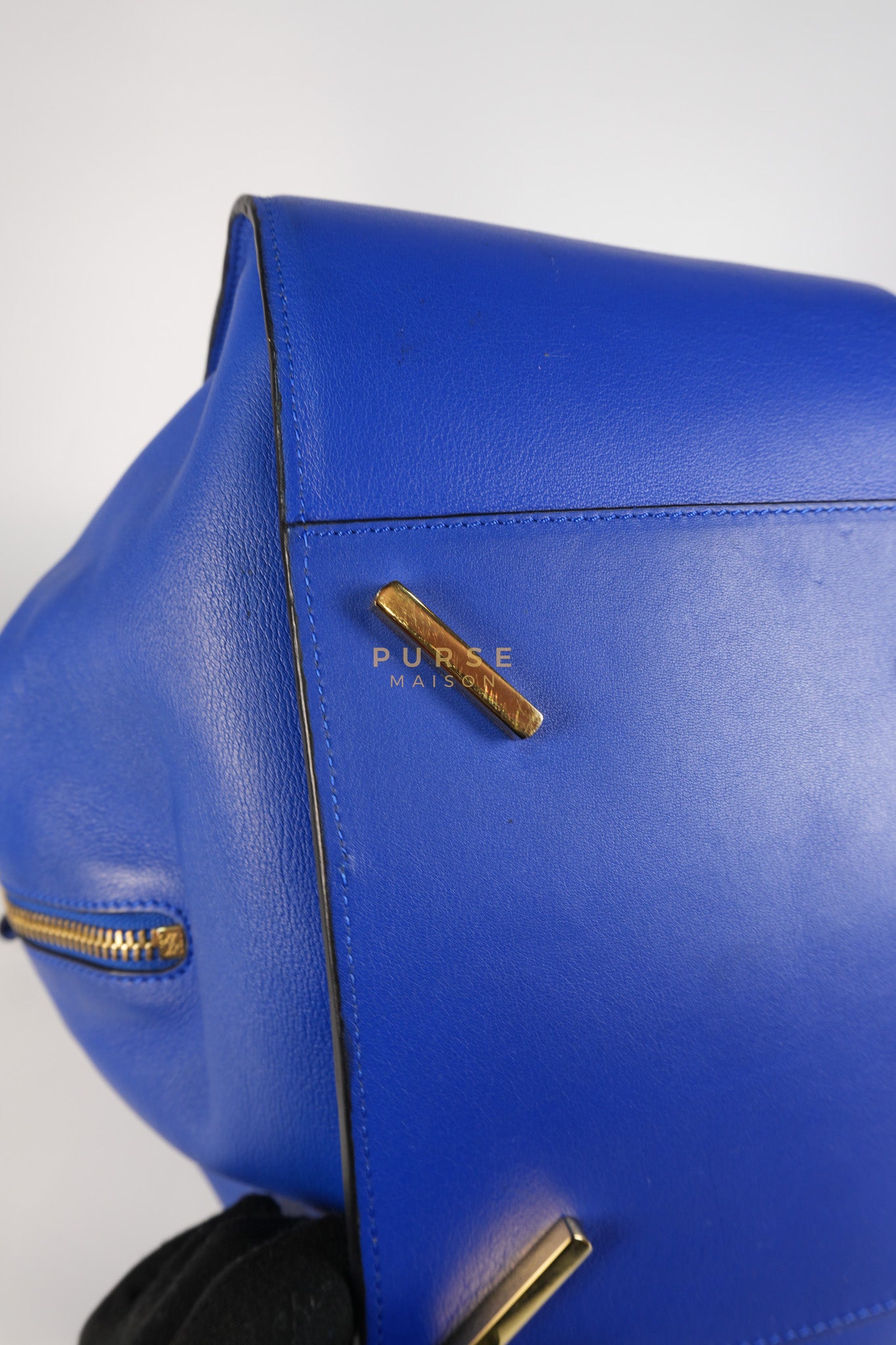 Compact Hammock Bag Large in Blue Calfskin Leather Gold Hardware | Purse Maison Luxury Bags Shop