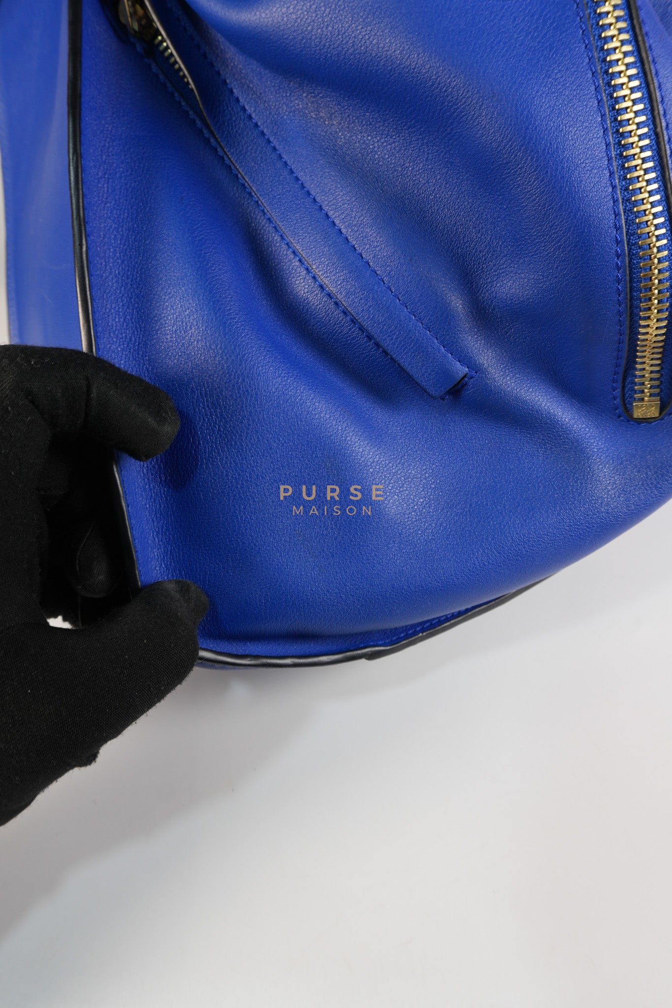 Compact Hammock Bag Large in Blue Calfskin Leather Gold Hardware | Purse Maison Luxury Bags Shop