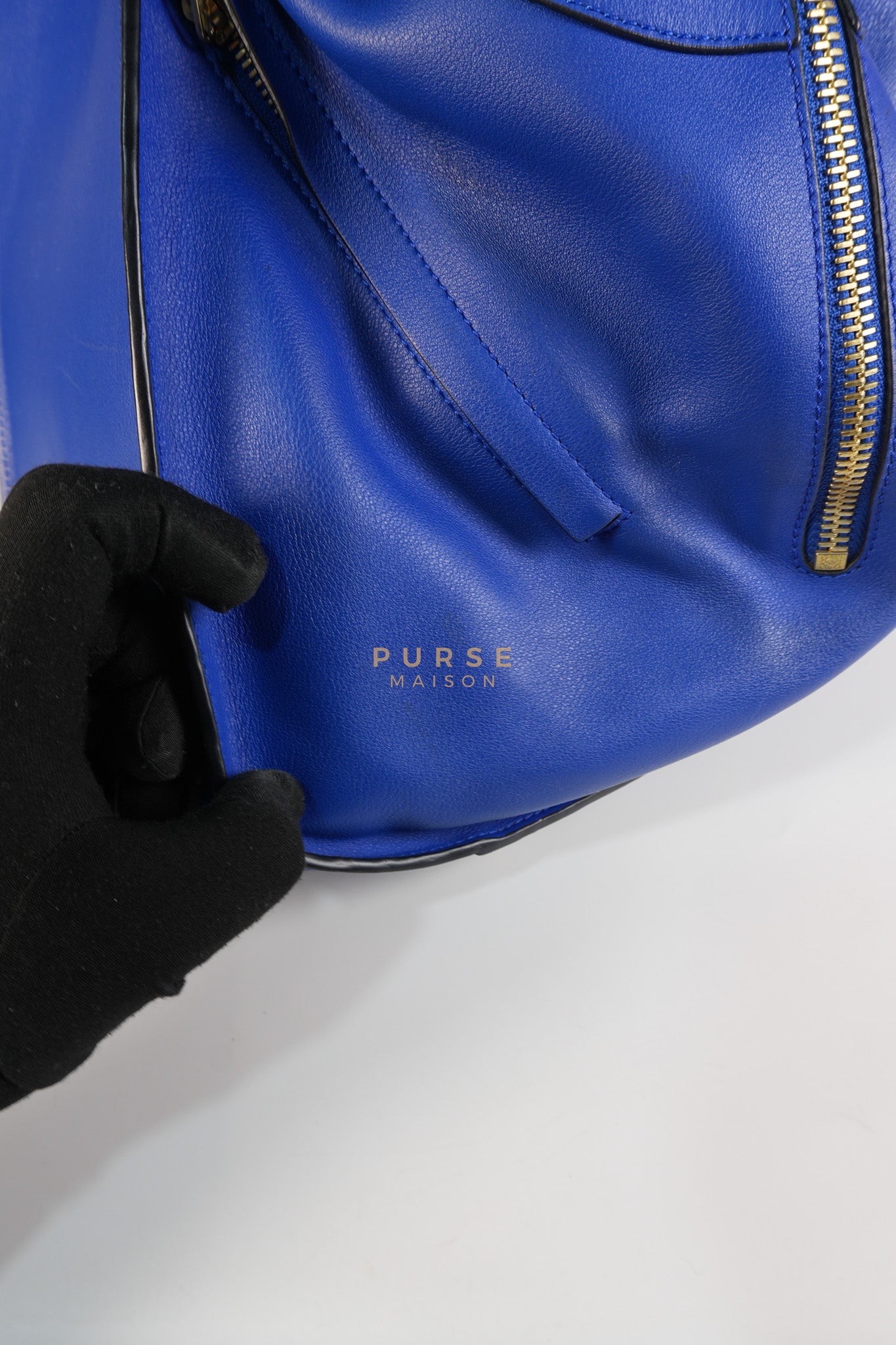 Compact Hammock Bag Large in Blue Calfskin Leather Gold Hardware | Purse Maison Luxury Bags Shop