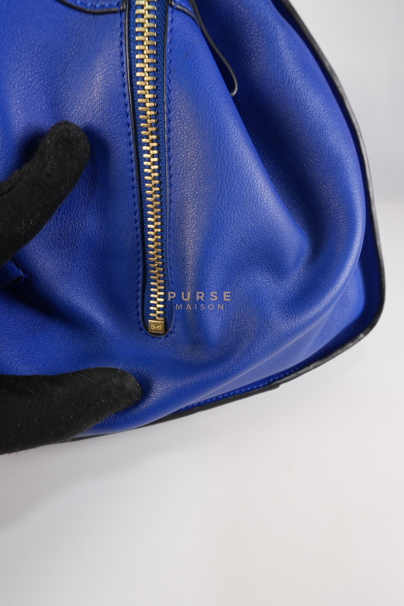 Compact Hammock Bag Large in Blue Calfskin Leather Gold Hardware | Purse Maison Luxury Bags Shop