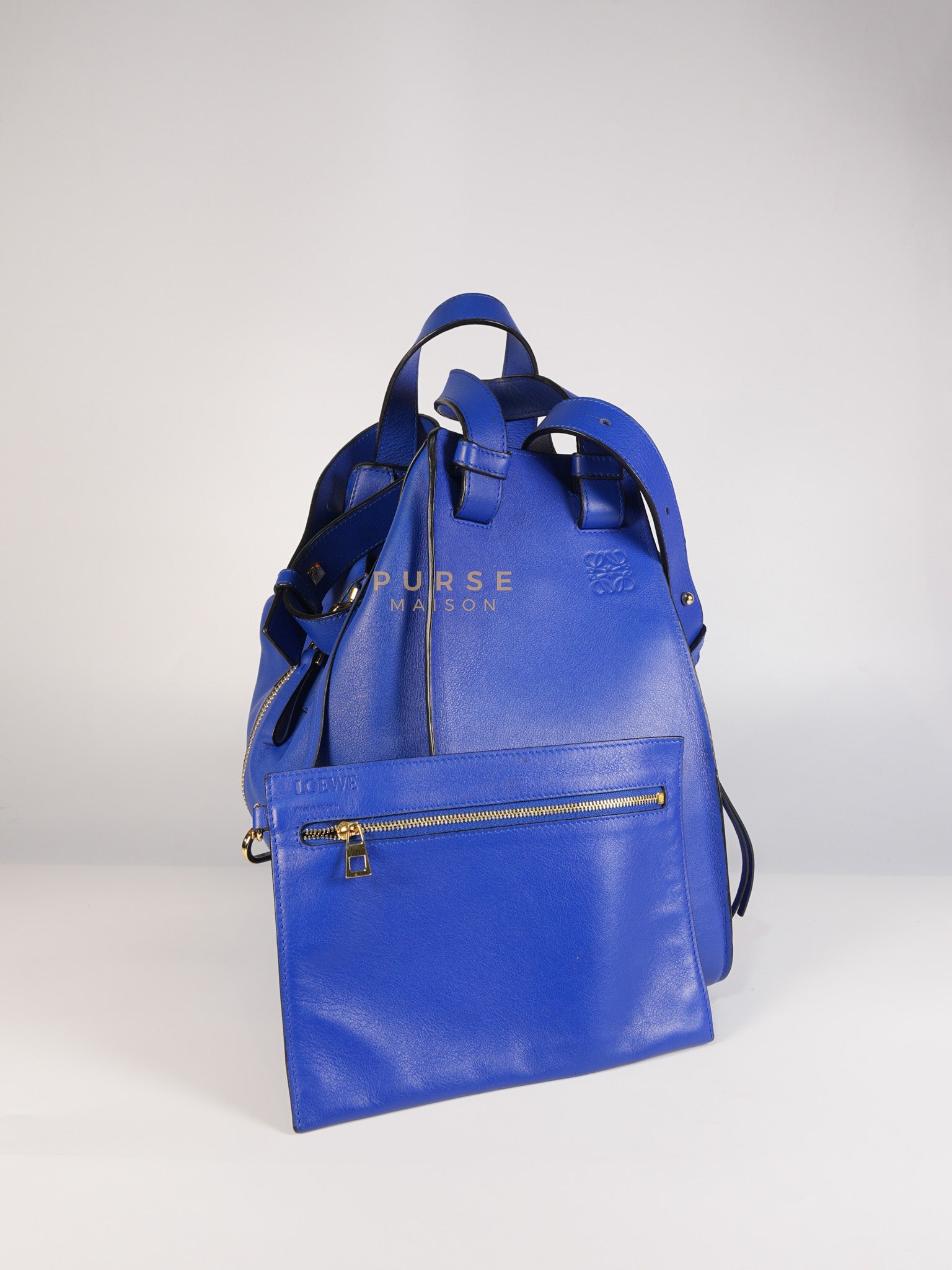 Compact Hammock Bag Large in Blue Calfskin Leather Gold Hardware | Purse Maison Luxury Bags Shop