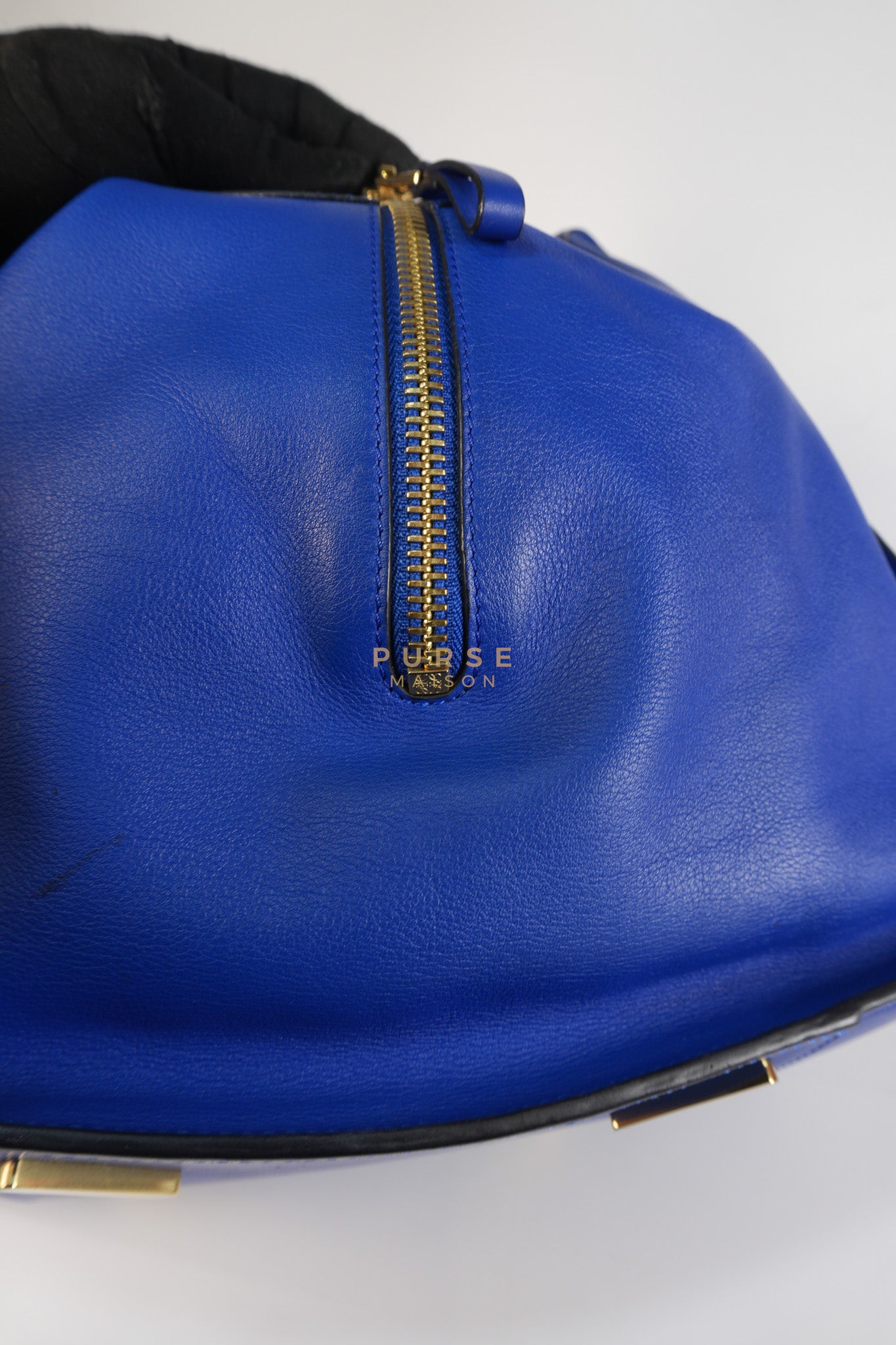 Compact Hammock Bag Large in Blue Calfskin Leather Gold Hardware | Purse Maison Luxury Bags Shop