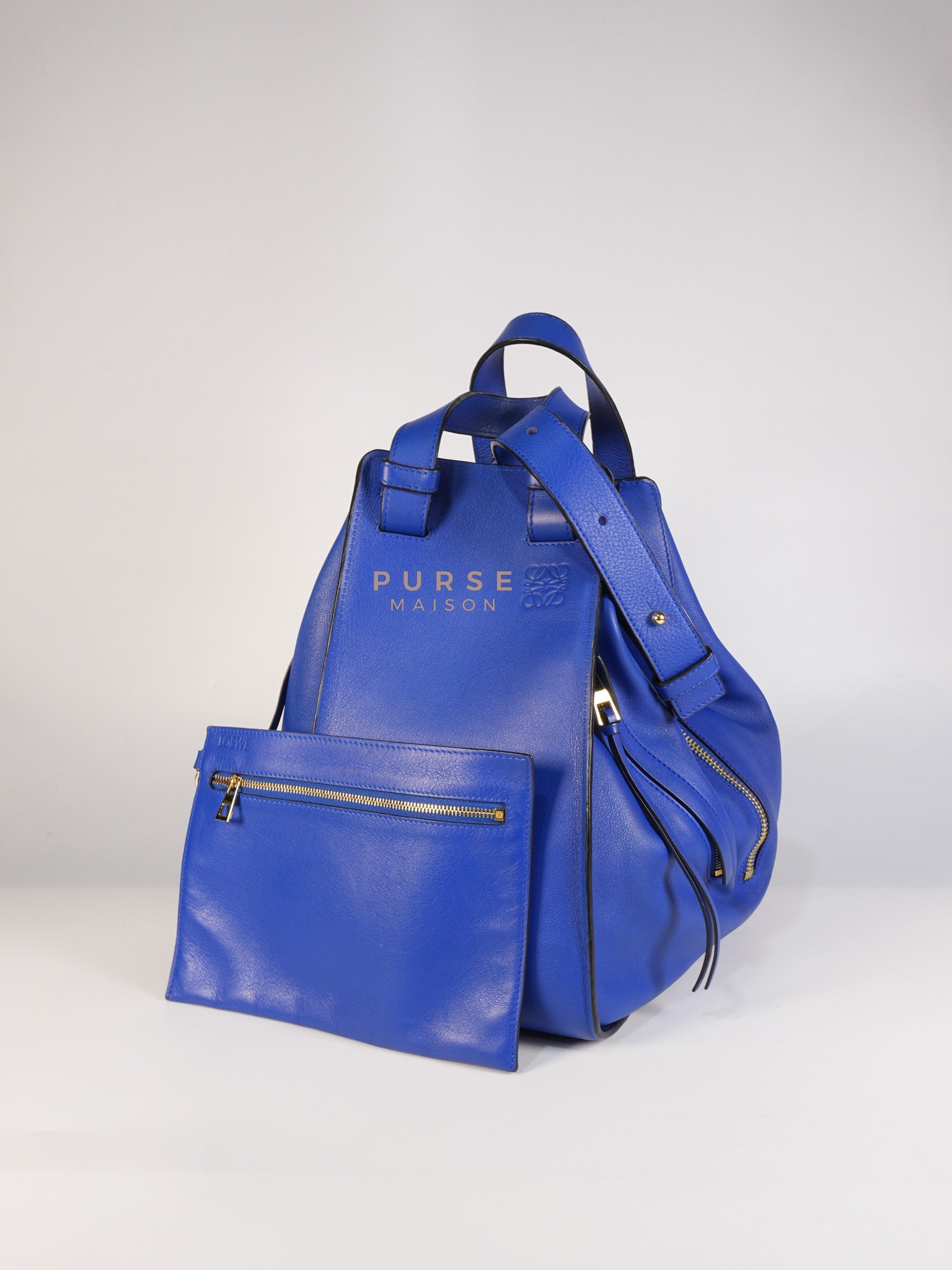 Compact Hammock Bag Large in Blue Calfskin Leather Gold Hardware | Purse Maison Luxury Bags Shop