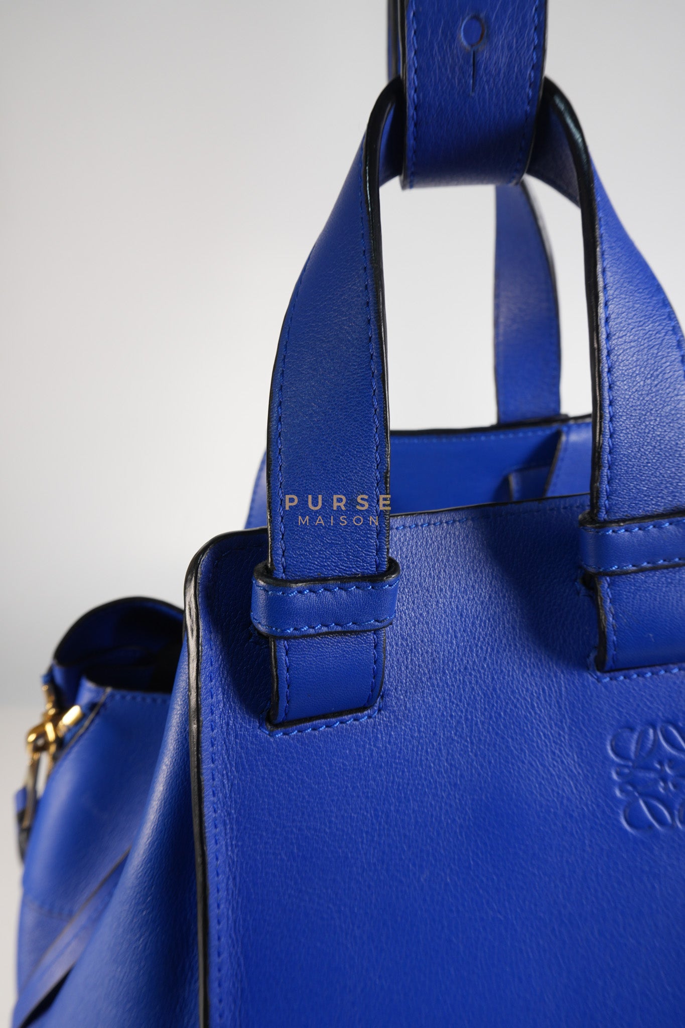 Compact Hammock Bag Large in Blue Calfskin Leather Gold Hardware | Purse Maison Luxury Bags Shop