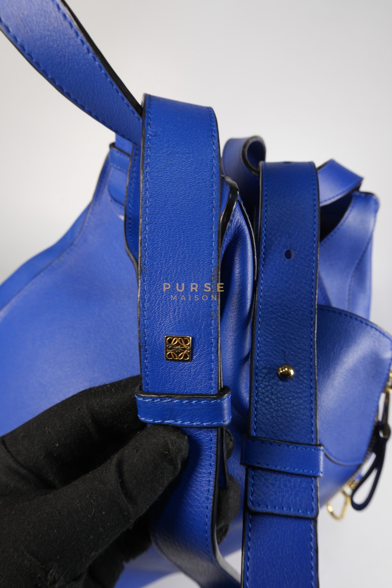 Compact Hammock Bag Large in Blue Calfskin Leather Gold Hardware | Purse Maison Luxury Bags Shop