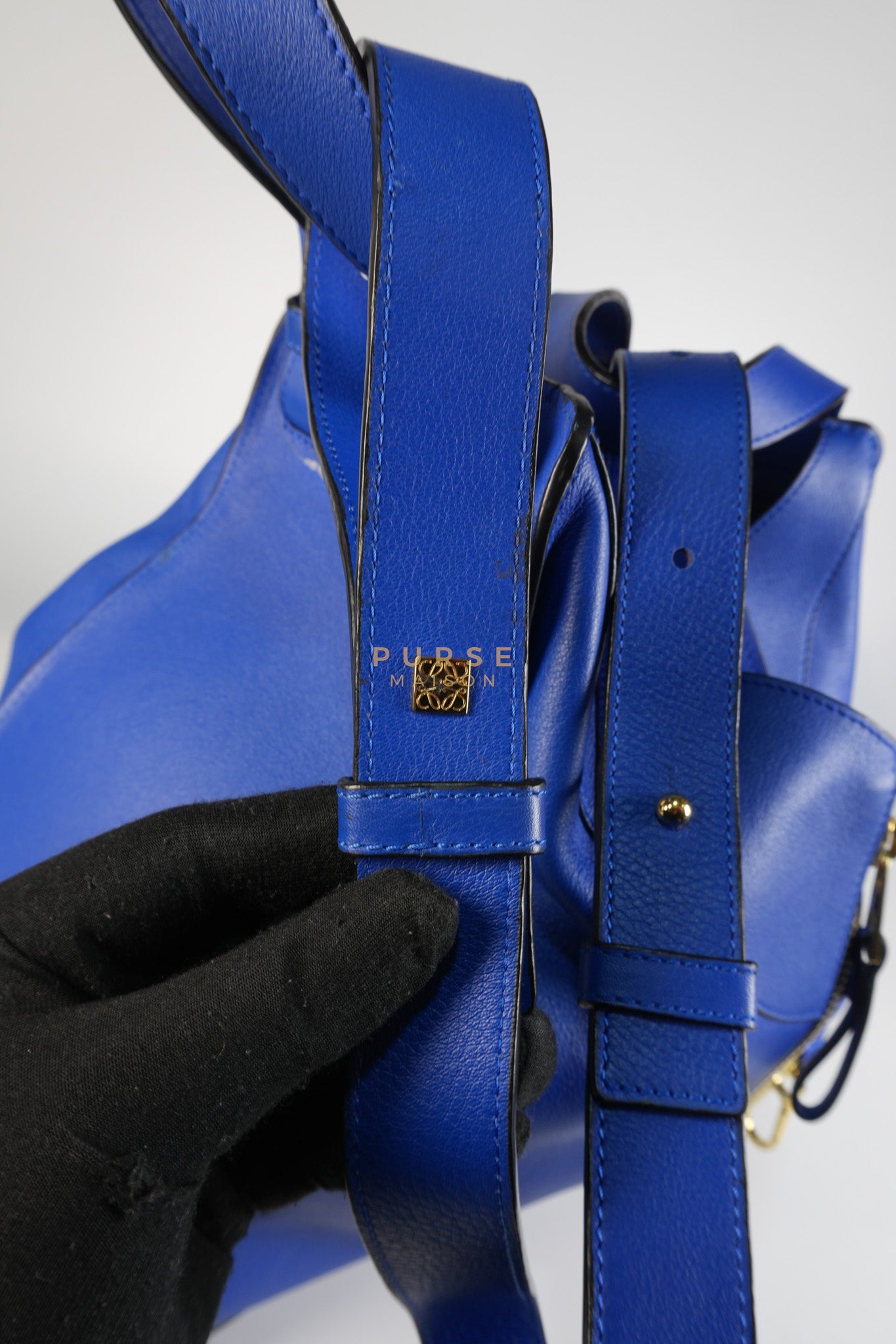 Compact Hammock Bag Large in Blue Calfskin Leather Gold Hardware | Purse Maison Luxury Bags Shop