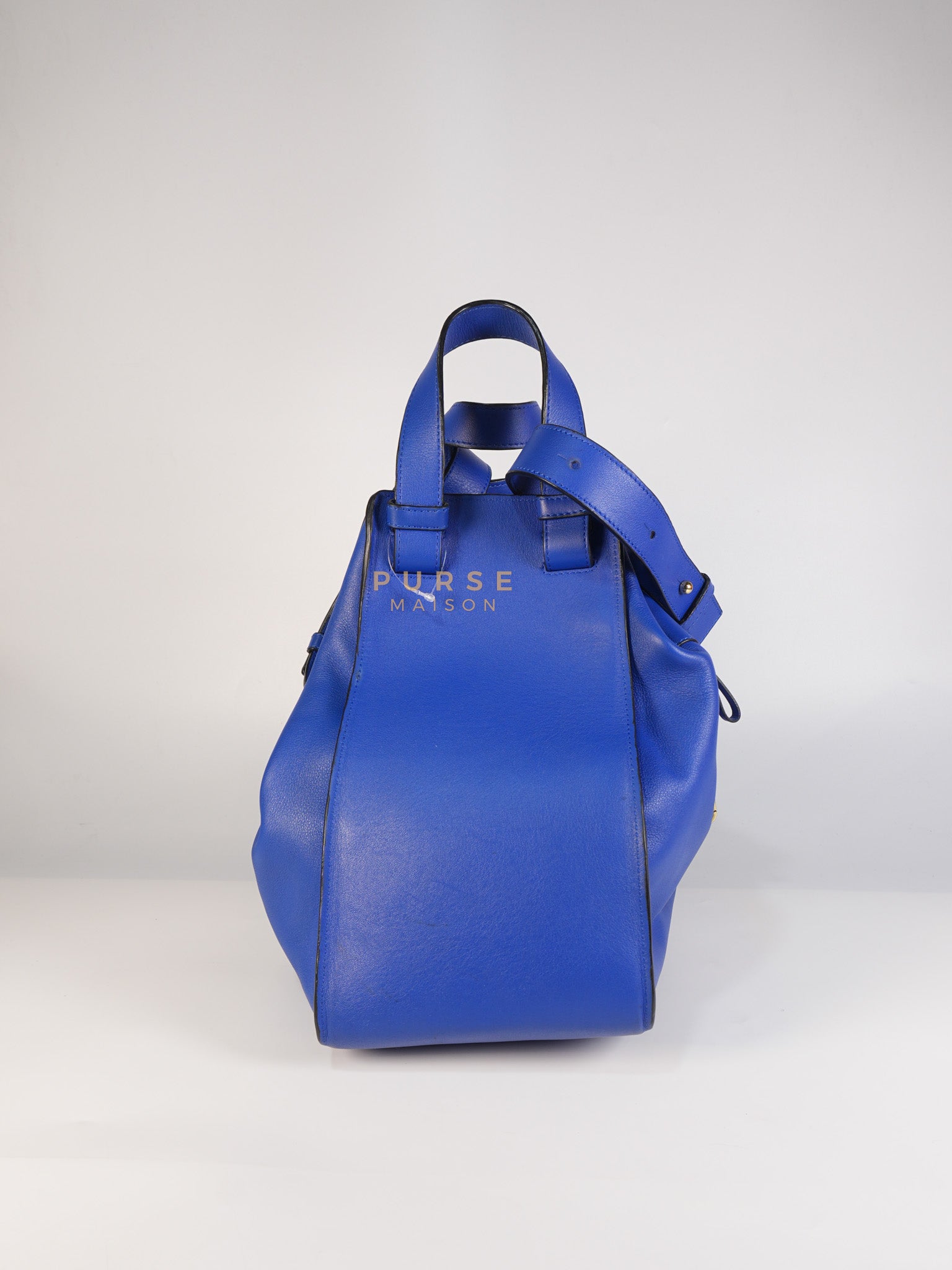 Compact Hammock Bag Large in Blue Calfskin Leather Gold Hardware | Purse Maison Luxury Bags Shop