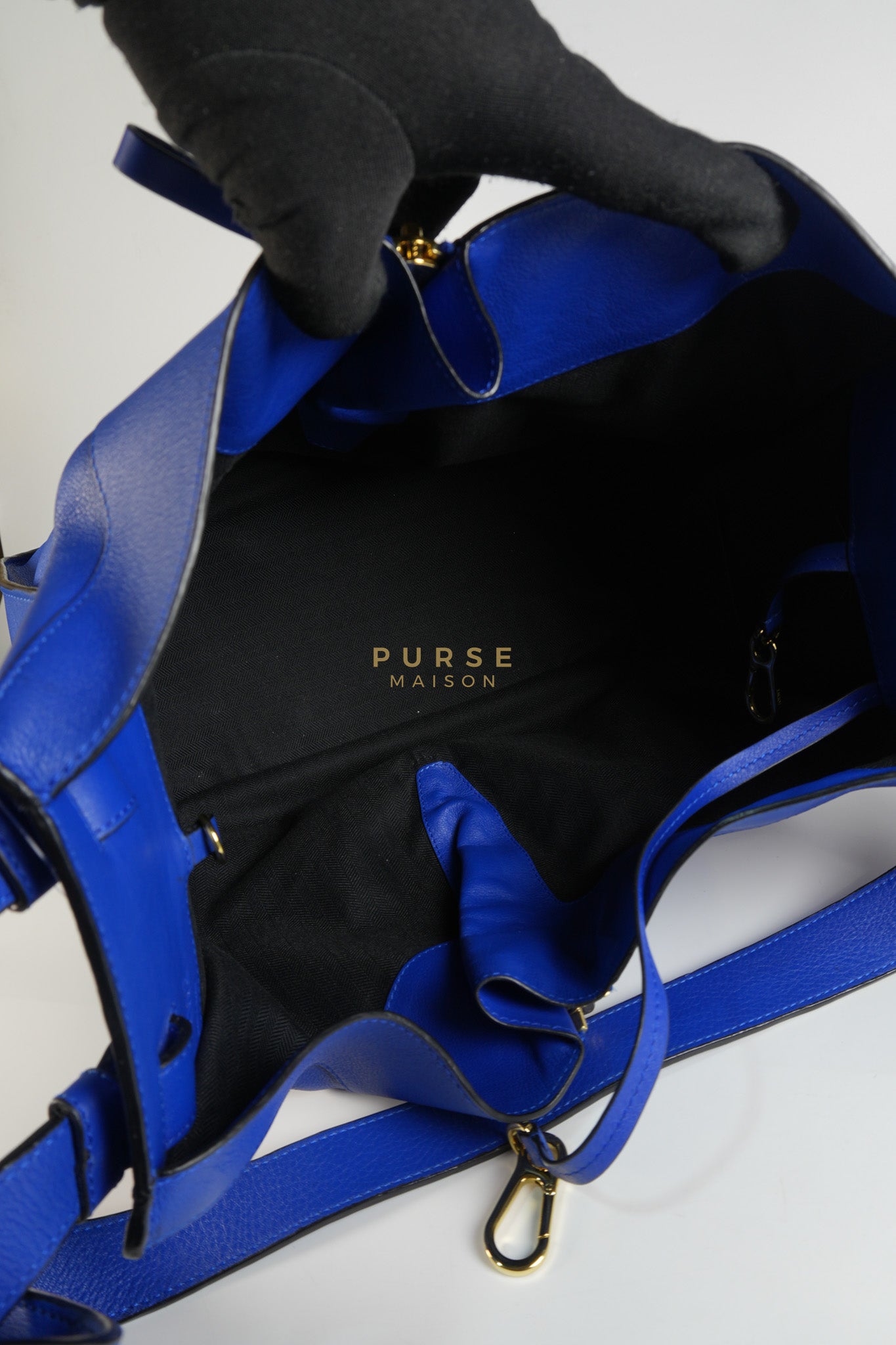 Compact Hammock Bag Large in Blue Calfskin Leather Gold Hardware | Purse Maison Luxury Bags Shop