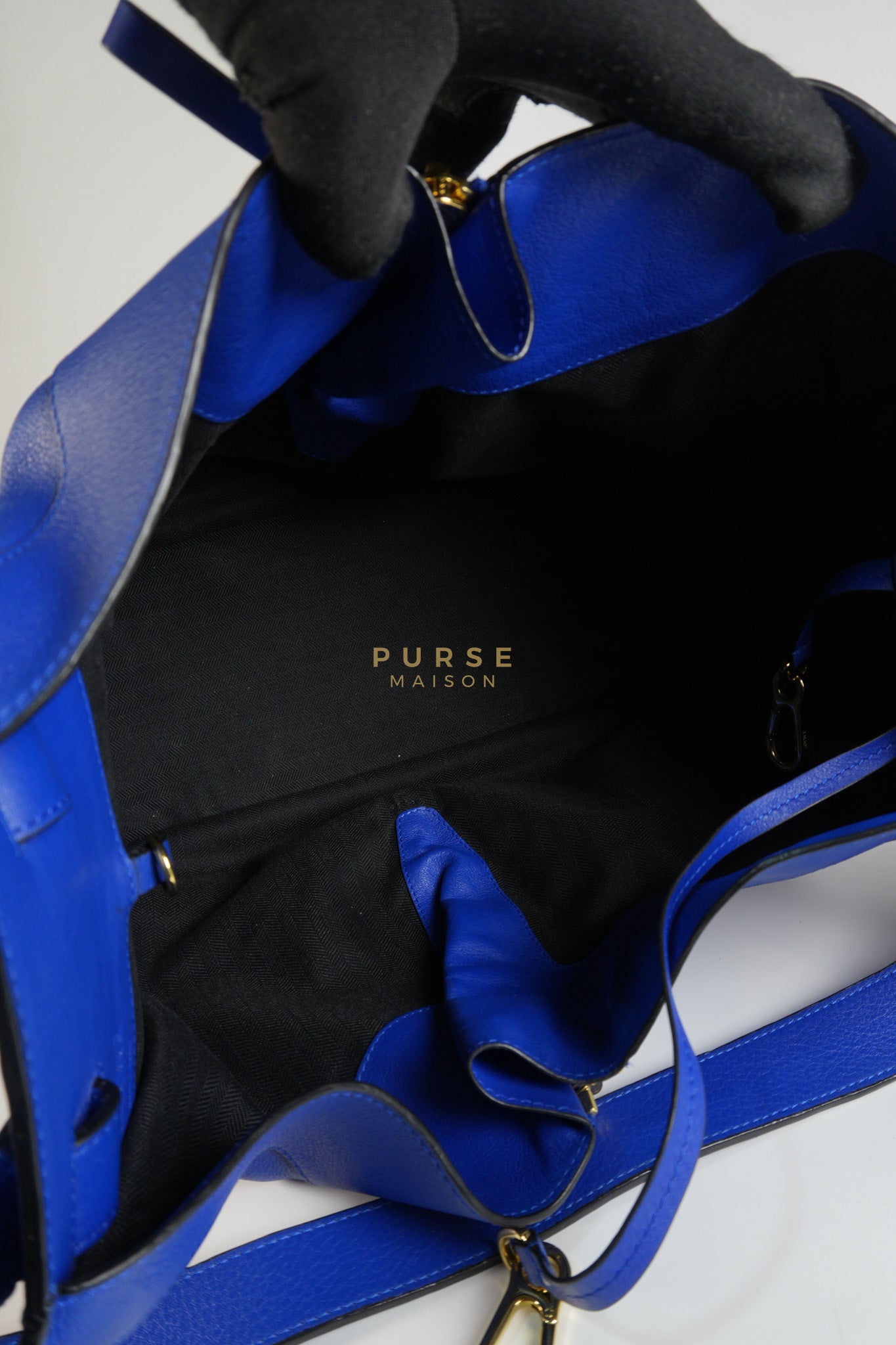 Compact Hammock Bag Large in Blue Calfskin Leather Gold Hardware | Purse Maison Luxury Bags Shop