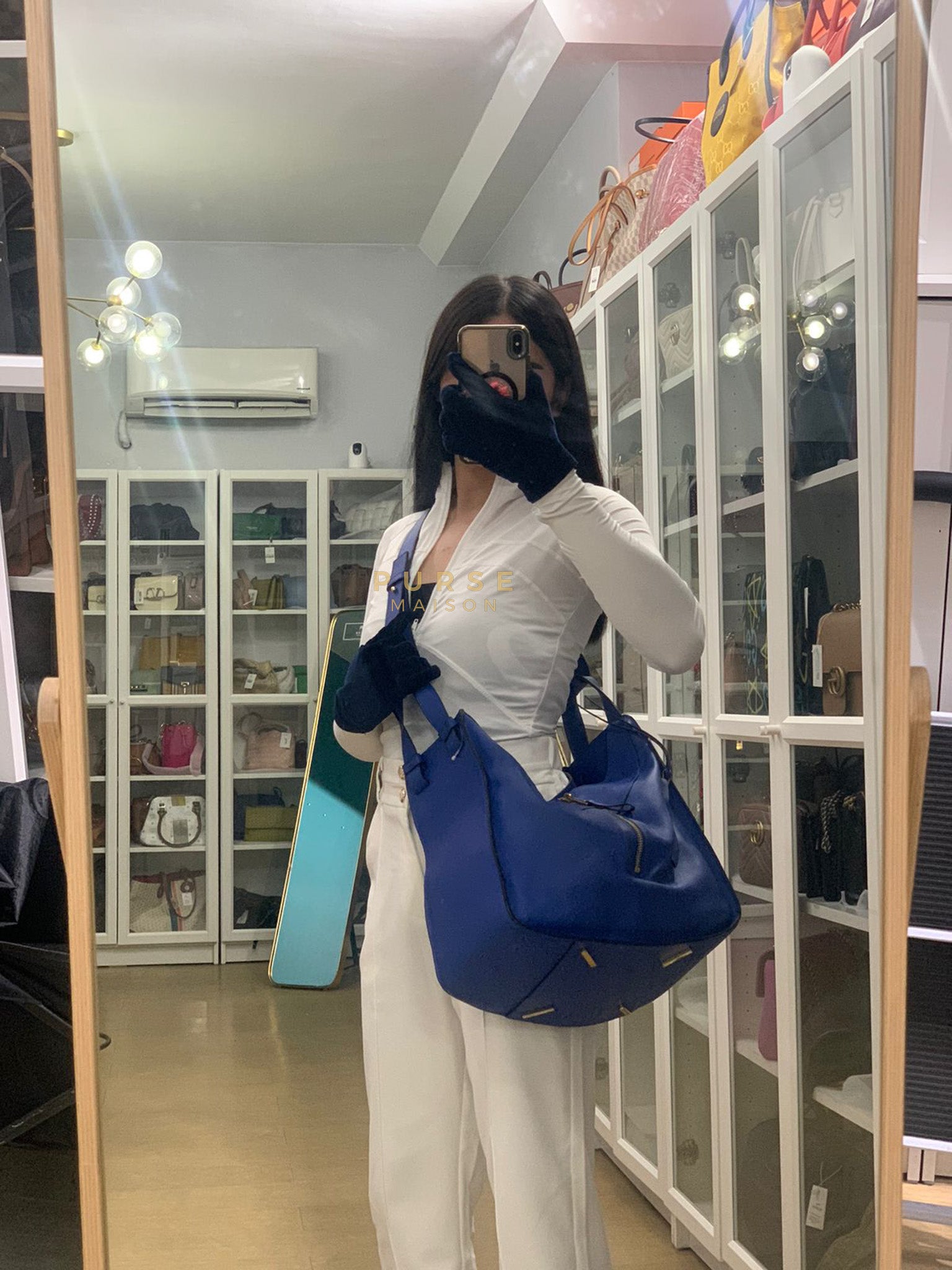 Compact Hammock Bag Large in Blue Calfskin Leather Gold Hardware | Purse Maison Luxury Bags Shop