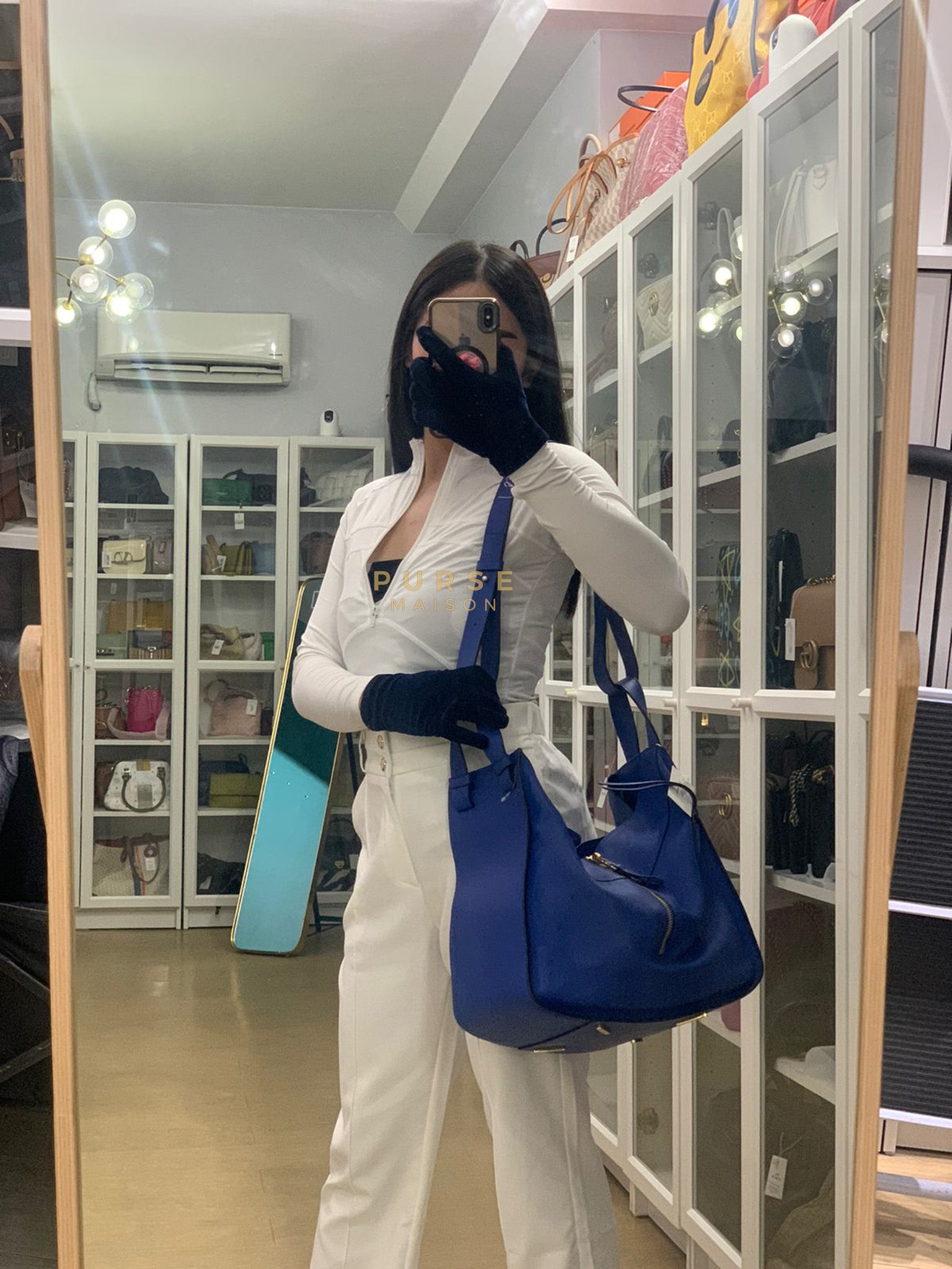 Compact Hammock Bag Large in Blue Calfskin Leather Gold Hardware | Purse Maison Luxury Bags Shop