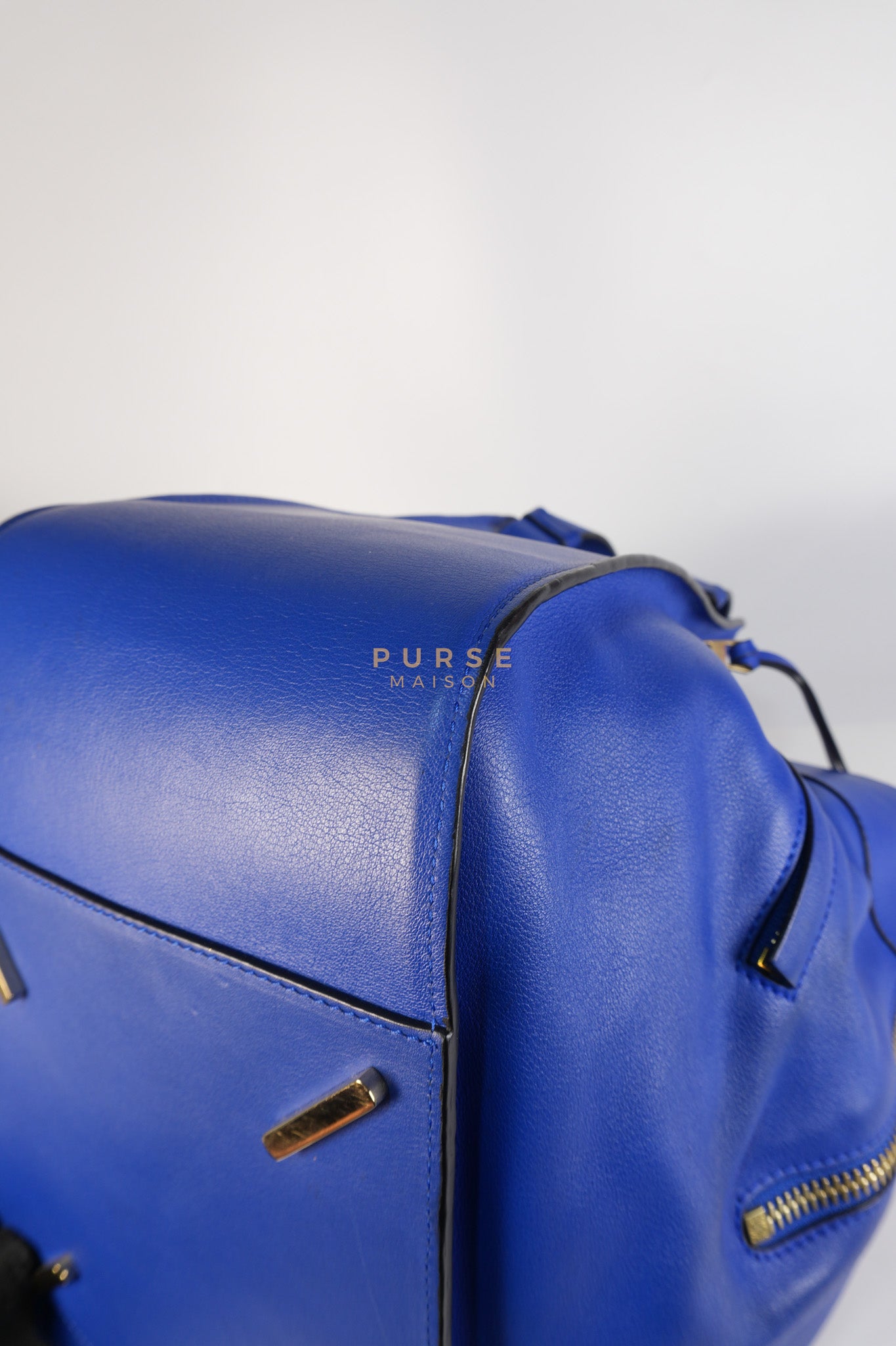 Compact Hammock Bag Large in Blue Calfskin Leather Gold Hardware | Purse Maison Luxury Bags Shop